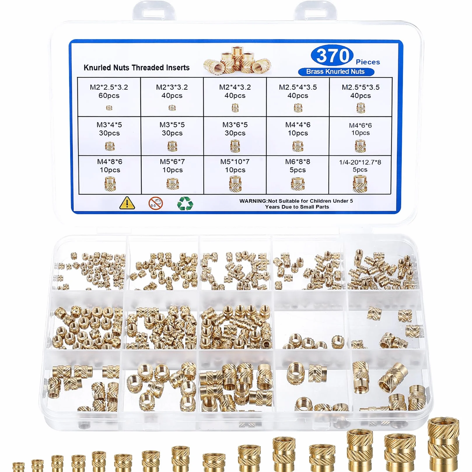 Wkładka gwintowana, Nakrętka wciskana, 370 szt. M2 M2,5 M3 M4 M5 M6 & 1/4-20 Nakrętki radełkowane, Mosiężne nakrętki do drukarki 3D, Tuleje gwintowane do części plastikowych druku 3D