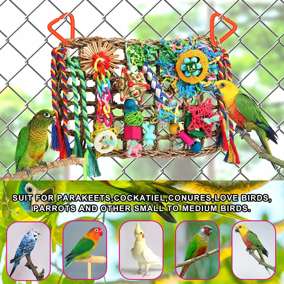 Zabawki do żerowania papugi Cockatiel Conures Lovebirds - ściana z trawy morskiej z różnymi zabawkami dla ptaków