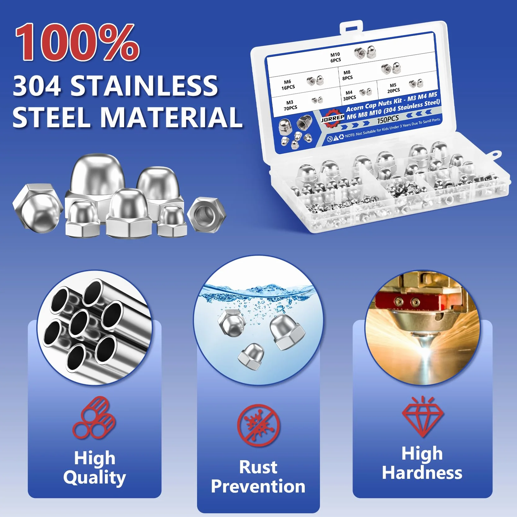 Acorn Nuts 304 Stainless Steel Hex Cap Nuts Assortment Kit 150 szt. M3 M4 M5 M6 M8 M10
