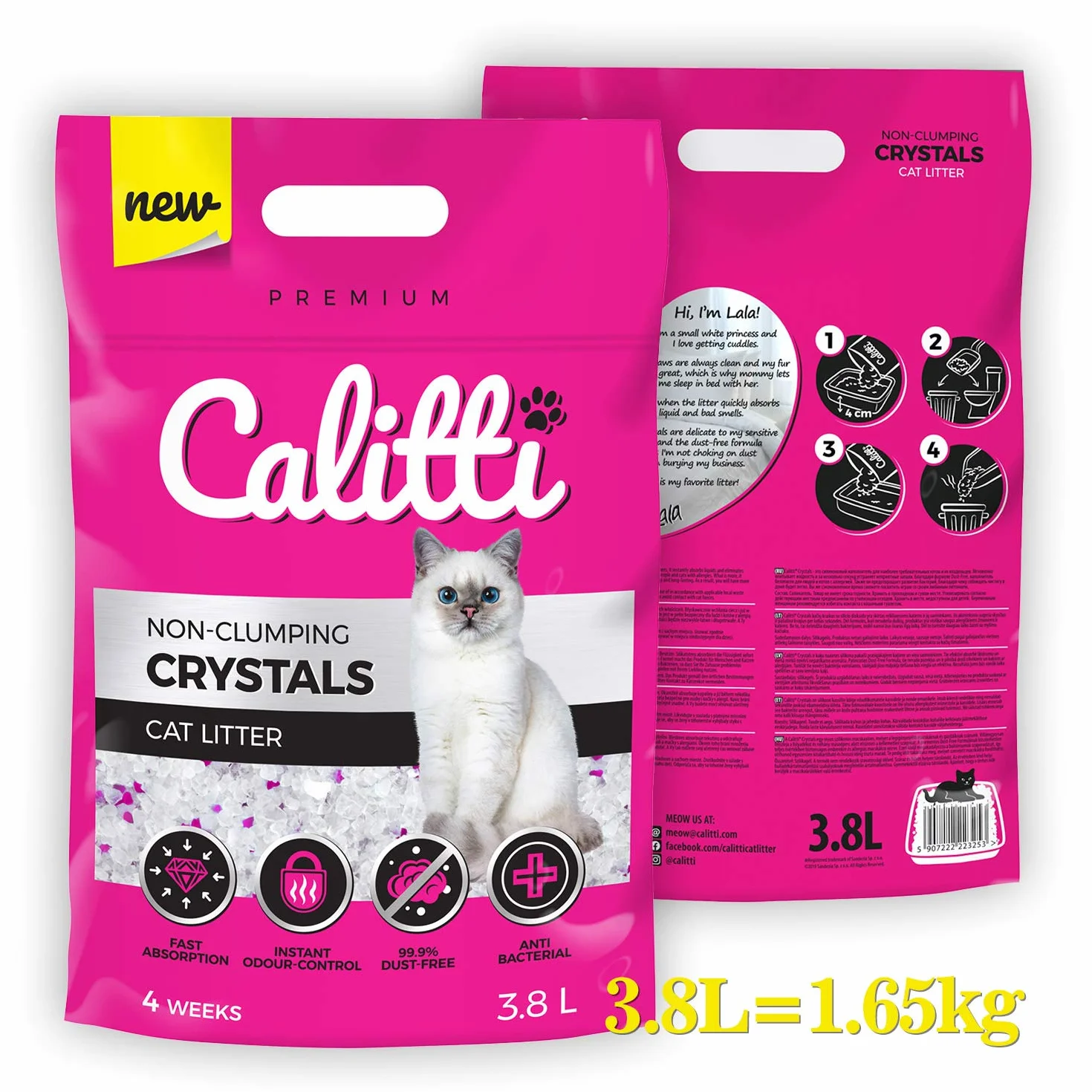 Calitti - żwirek silikatowy dla kotów | Premium Crystals żwirek silikatowy | Antybakteryjny żwirek dla kotów | Zestaw 8 x 3,8 L = 30 L