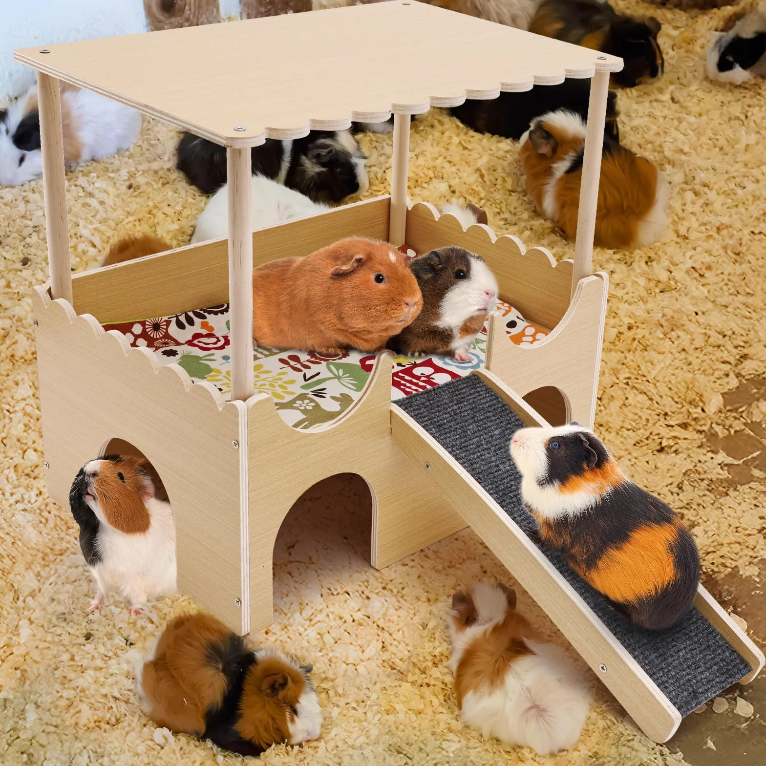 Drewniany domek dla świnki morskiej, łóżko dla chomików, dla świnek morskich z drabiną, 2 piętra kryjówki, domek dla małe zwierzęta akcesoria dla królik, szynszyli, fretek, 38 x 35,5 x 25 cm
