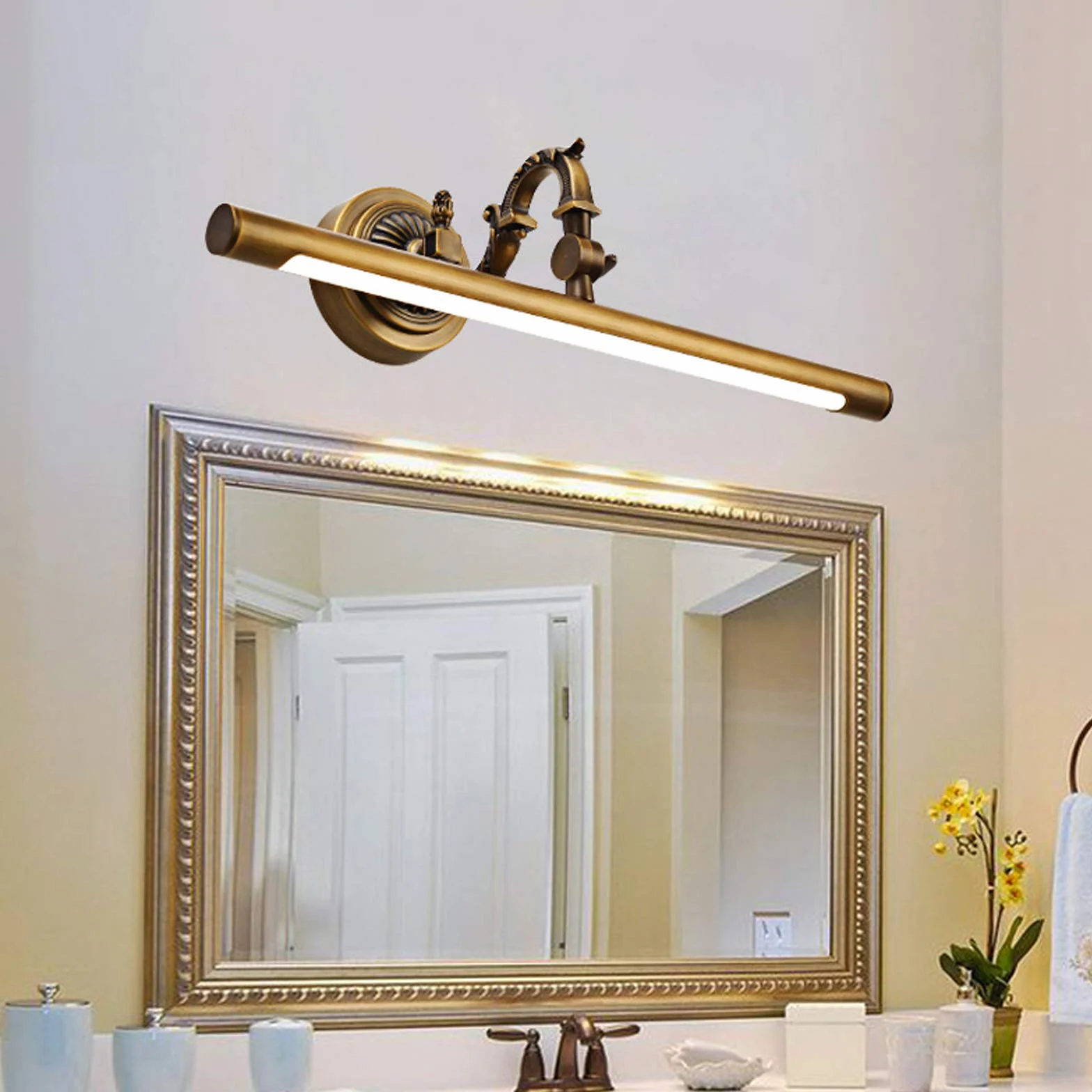 QJUZO lampa LED do lustra, 35 cm, IP44, makijaż, łazienka, 180° regulacja, mosiężna lampka szafy, 4000 K, 7 W, 630 lm