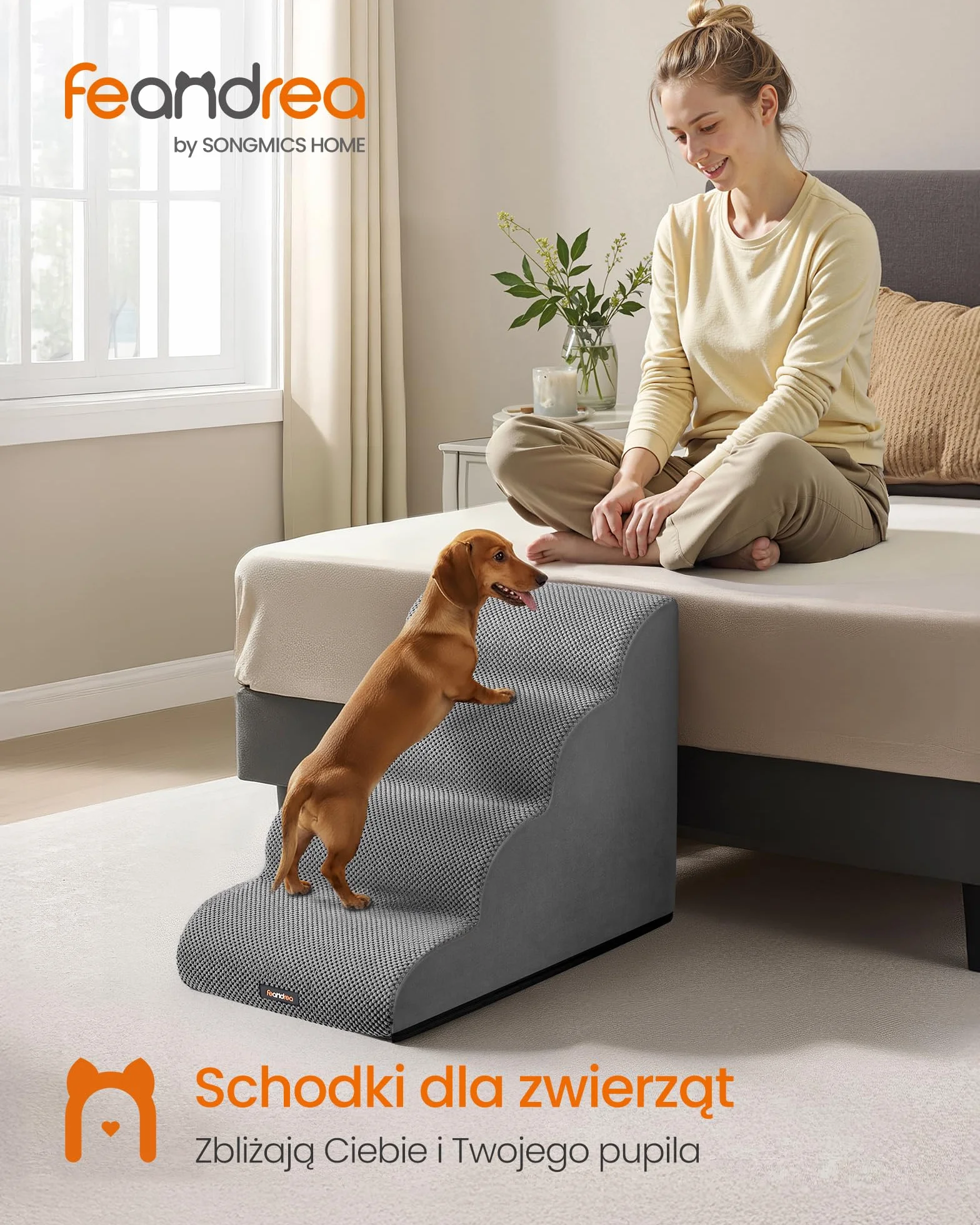 Feandrea Schody dla psa, 4 stopnie, sztruks waflowy, schody dla zwierząt, antypoślizgowe, niskie nachylenie, zdejmowana, zmywalna osłona, uchwyt, gołębia szarość PPS014GD01
