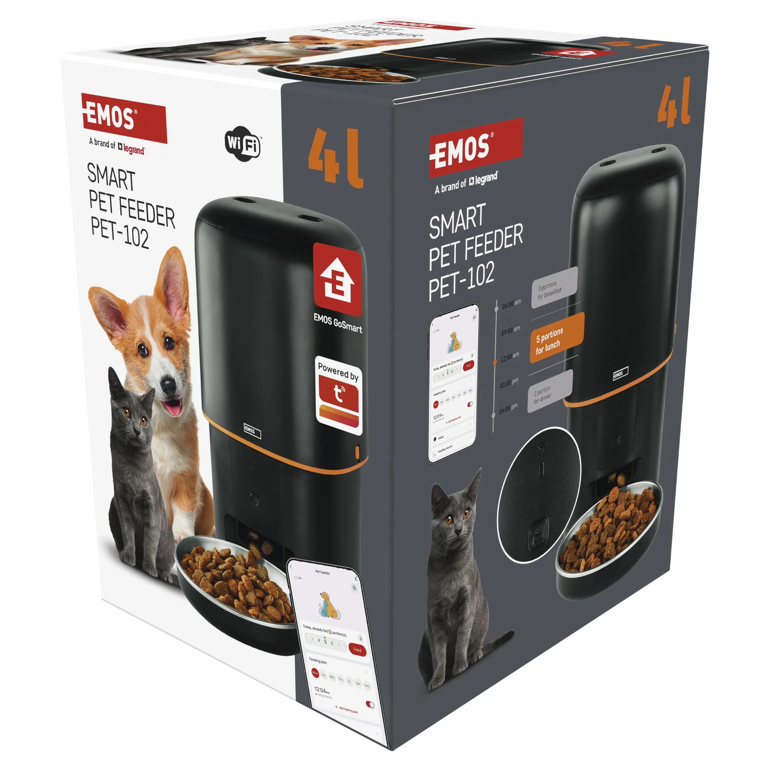 EMOS - GoSmart automat do karmy 4 l – WLAN Pet Care dozownik karmy z aplikacją – automat do suchej karmy dla kotów i psów z harmonogramem, nagrywanie głosu, dozowanie 1-10 posiłków dziennie - czarny