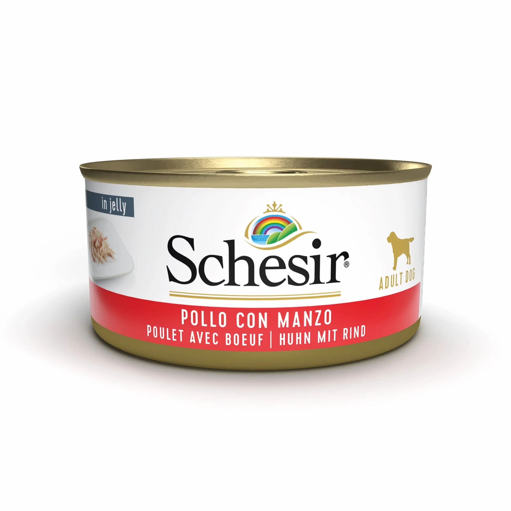 Schesir, Mokra karma dla dorosłych psów o smaku kurczaka z wołowiną z miękkiej galaretki - łącznie 2,7 kg (18 puszek po 150 g)