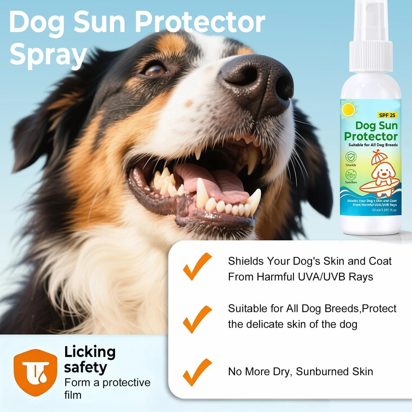 Spray Z Filtrem Przeciwsłonecznym Dla Psów, Z Ochroną Spf 25, 50 Ml, Ochrona Przed Promieniowaniem UV Na Bazie Oleju Dla Psów, Filtr Przeciwsłoneczny Zwierząt Domowych, Odporna Na Pot Ochrona Prze