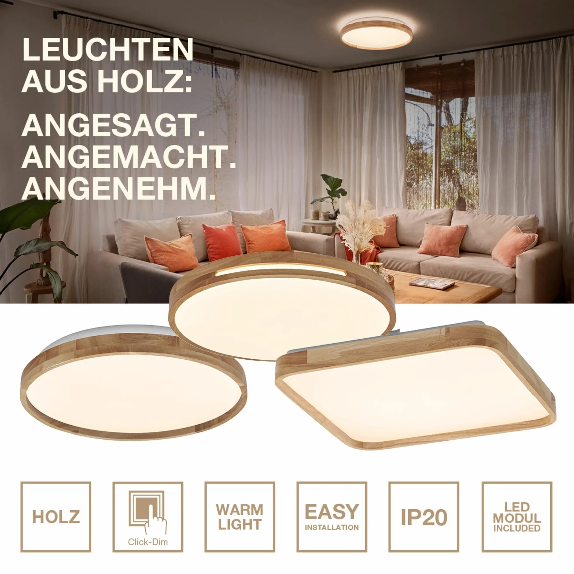 OSRAM ORBIS Woodburry lampa ścienna/sufitowa LED z dekorem drewnianym, 16 W, 1000 lm, 3000 K, średnica 300 mm, przyjazna ciepła biel 830, stopień ochrony IP20, w komplecie śruby montażowe i kołki