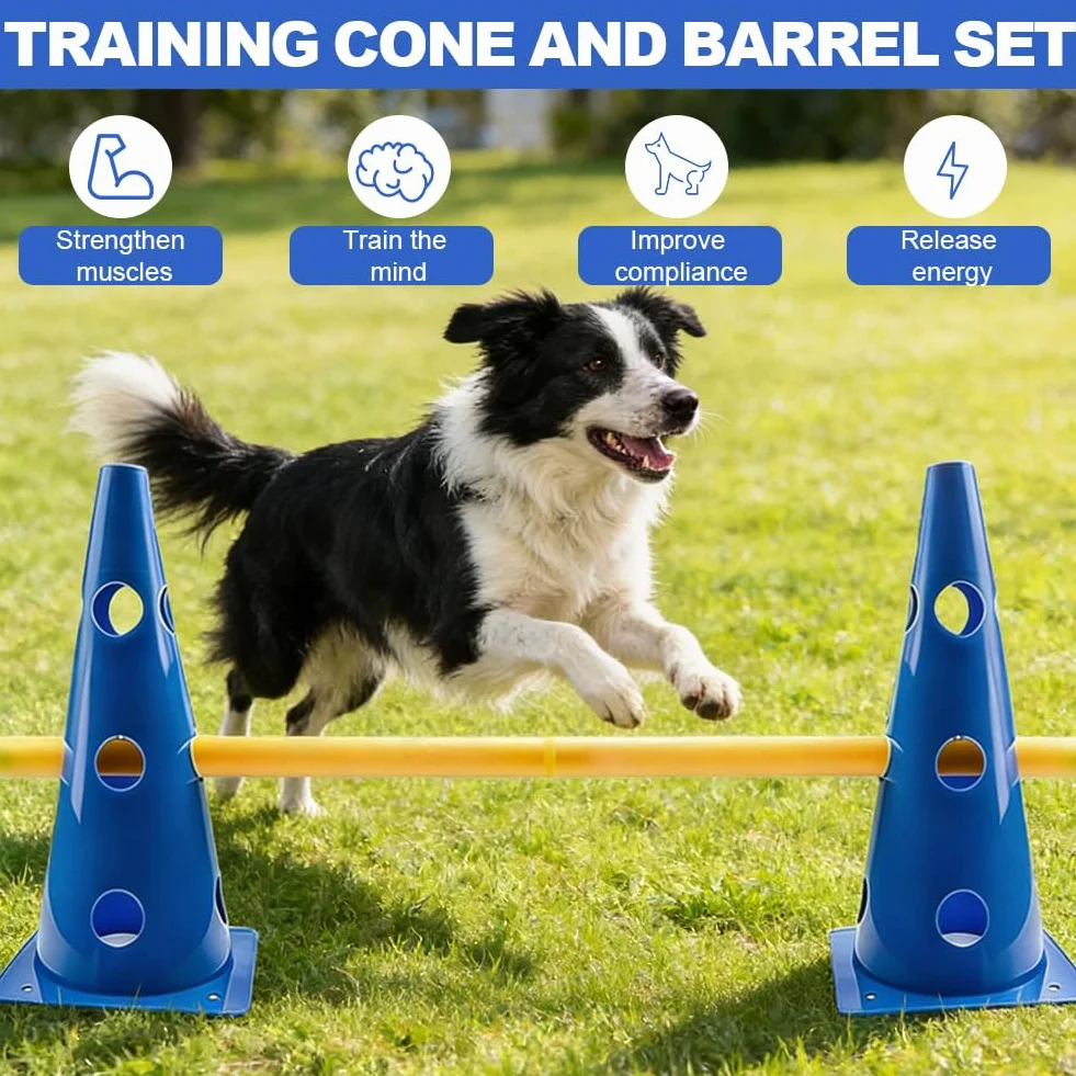 Agility zestaw małych psów Cavaletti dla psa, akcesoria hobby, akcesoria treningowe do piłki nożnej, pomoc edukacyjna - wysokość 23 cm, 10 stożków, 5 drążków, worek siatkowy