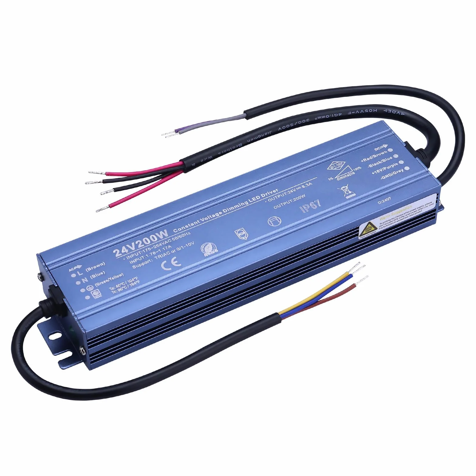 BENLUN Zasilacz LED stałe napięcie 24V Dimmable, Przetwornica 8,5A 200W, Dwustronne sterowanie TRIAC, Zasilacz wodoodporny IP67 do Taśma LED na zewnątrz