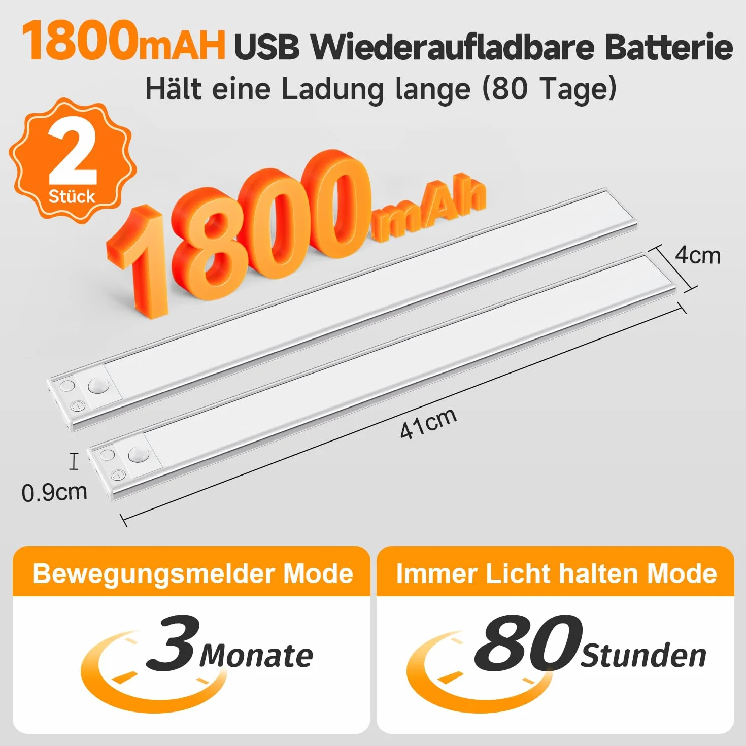 COOLNIGHT Akumulator LED [2 sztuki], 41 cm + ładowany przez USB + 90 LED szafka pod umywalkę oświetlenie kuchni