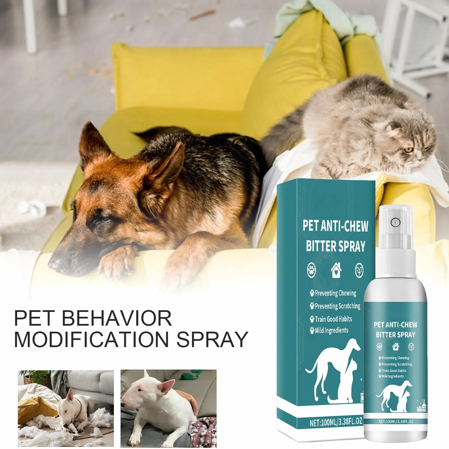 Spray bez gryzienia dla psów | 100 ml gorzki spray zapobiegaj?cy ?uciu dla skutecznego szkolenia zwierz?t domowych | Pomoc w zachowaniu psów i kotów do u?ytku wewn?trz i zewn?trz |