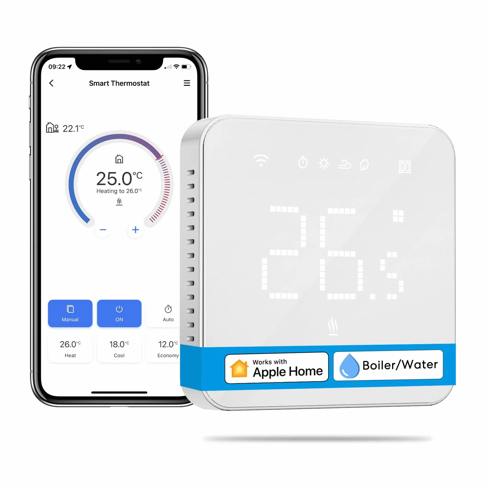 Meross MTS200BHK Inteligentny termostat bojlera Wi-Fi, ścienny, do Siri, Google i Alexa, sterowanie zdalne, harmonogram, ekran dotykowy LED, biały