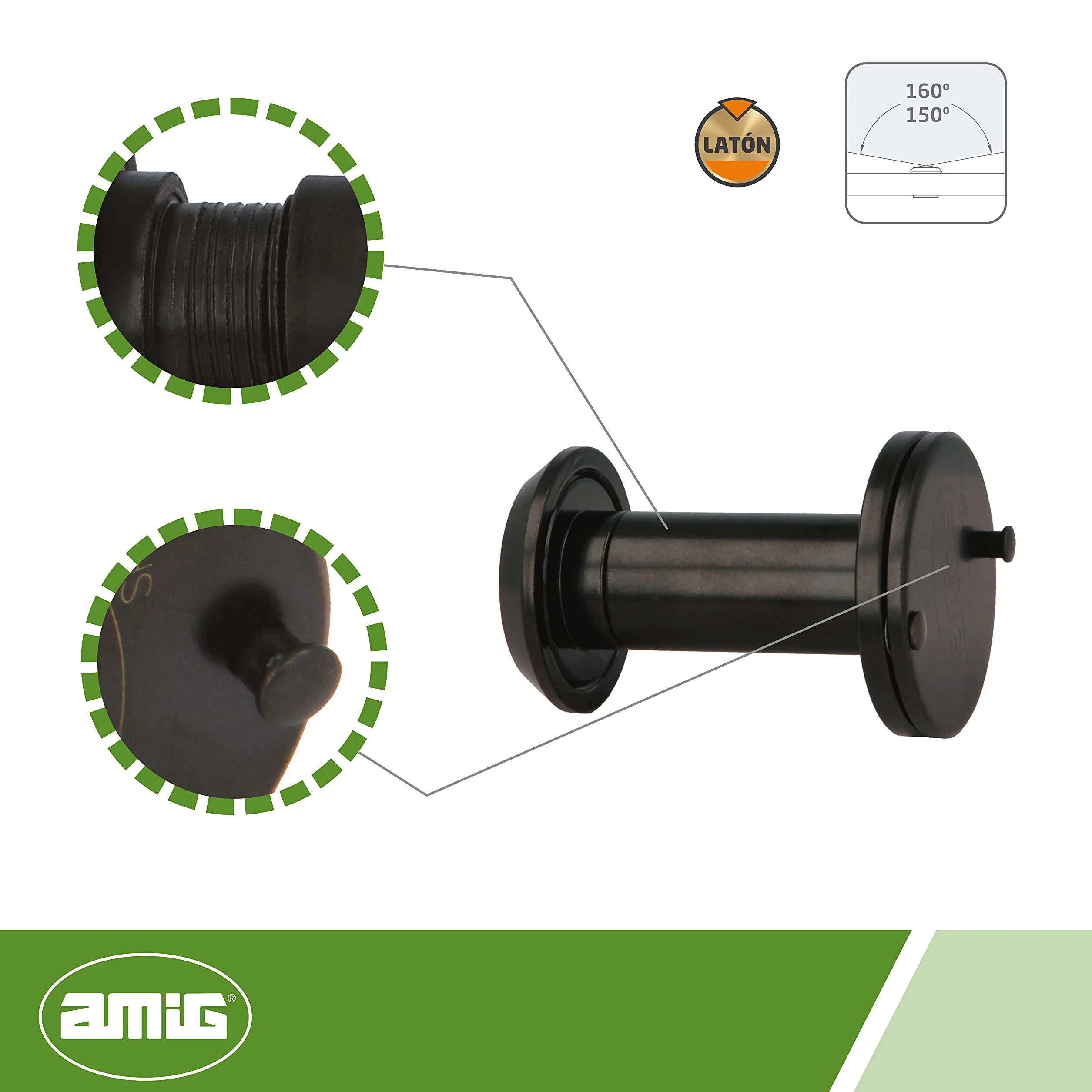Amig - Lusterko do drzwi - Soczewka super kątowa - Łatwa instalacja - Grubość drzwi: 35-60 mm - Średnica: 14 mm - Wykończenie: matowa czerń