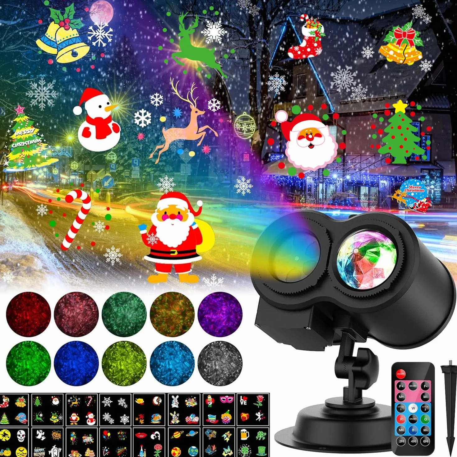 YAZEKY Christmas Projector Lights 16 wzorów LED 10 kolorów Efekt fali wodnej Pilot 2 w 1 IP65 Projektor płatków śniegu Dekoracja lampy na Boże Narodzenie, urodziny, wesele, na zewnątrz, wewnątrz