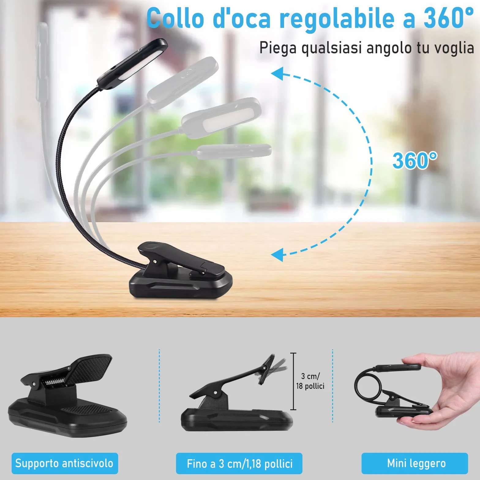 Diboniur, Szczypce światła, 9 diod LED 3 tryby z USB Akumulator, 360° elastyczny szyi klip do czytania książek w podróży awaryjne