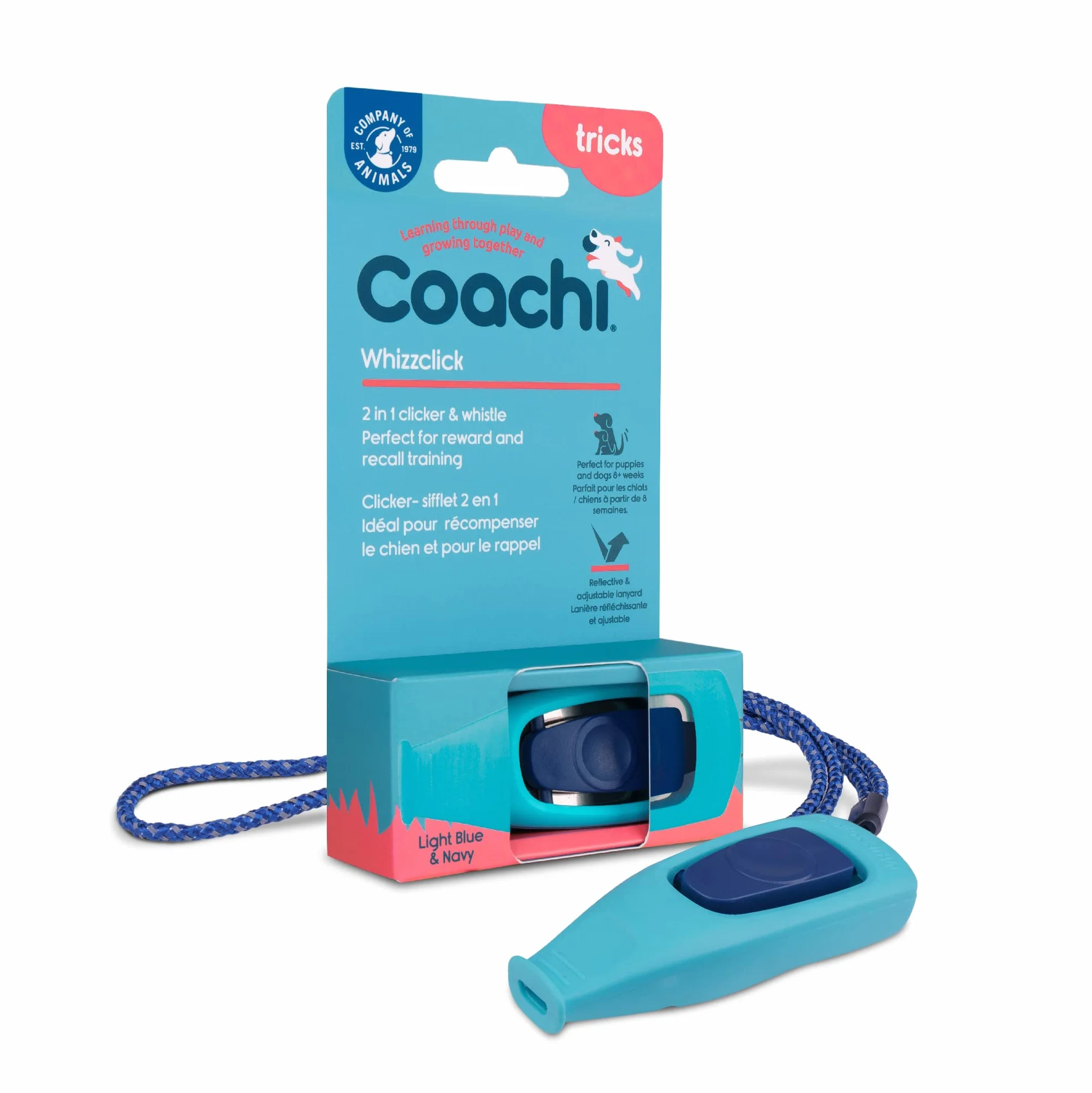 Company of Animals Coachi Whizzclick, 2-in-1 Combined Clicker and Whistle, Dog Training Whistle for Recall and Clicker Training for Rewarding, Adjustable and Reflective Lanyard, for Dogs and Puppies