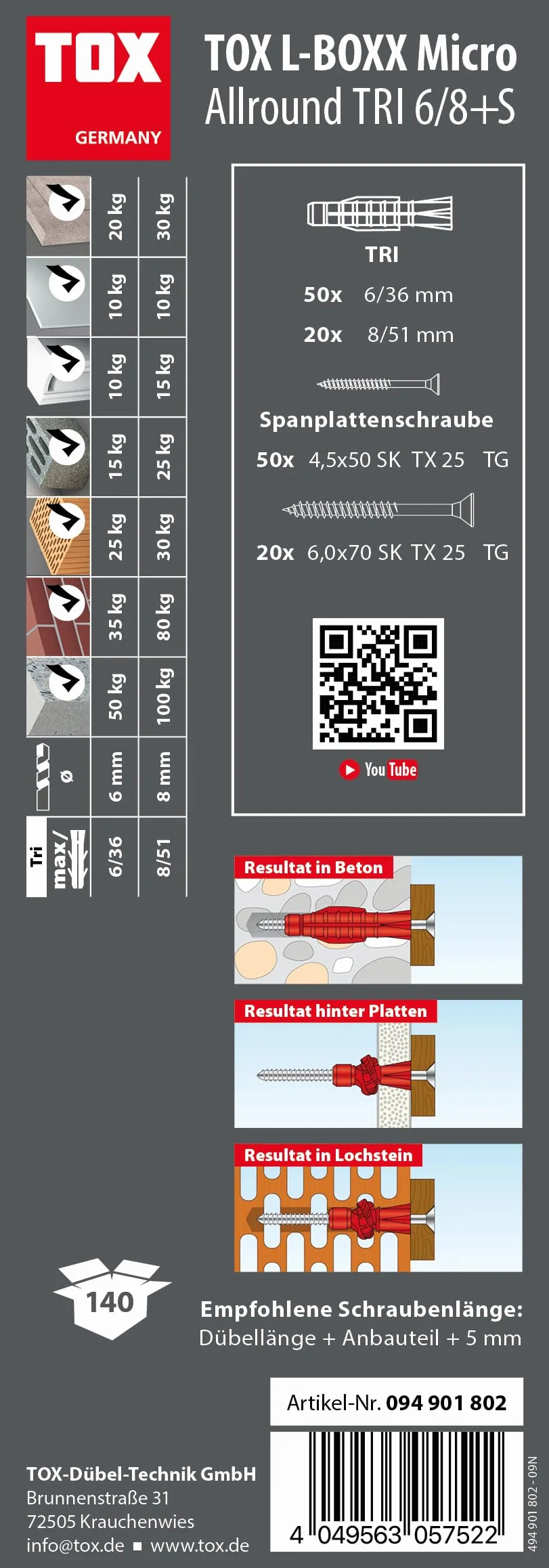 TOX L-BOXX Micro Allround 6/8 + S w pudełku do sortowania, z uniwersalnymi kołkami rozporowymi TRI 6/36 i 8/51 + pasujące śruby, zestaw kołków do prawie wszystkich materiałów budowlanych,