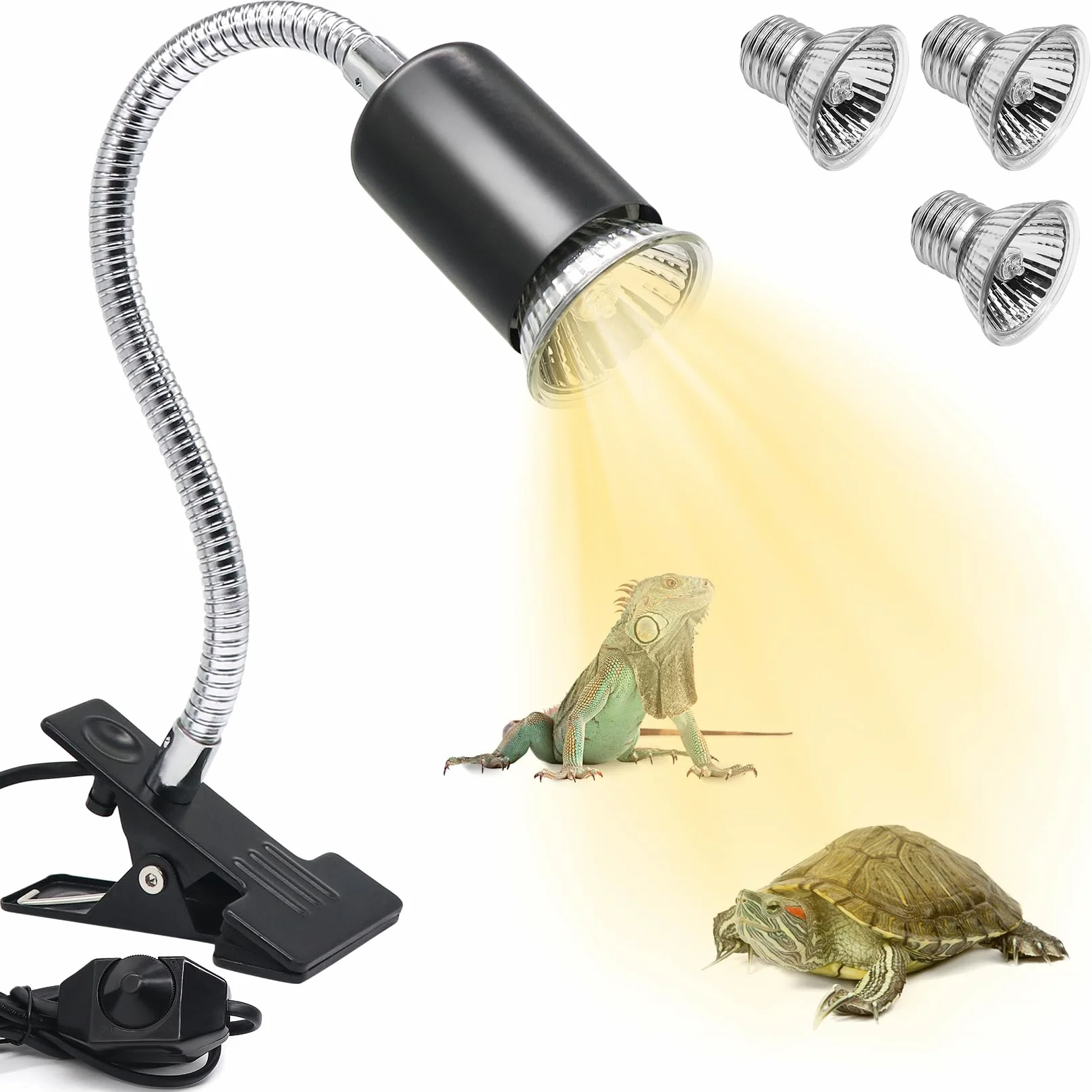 Turtle Lampa grzewcza z 3 żarówkami E27 w zestawie Lampa terrarium dla żółwi z klipsem dla gadów obracana o 360°, podgrzewana żółw, odpowiednia dla jaszczurek, żółwi, węży, kameleonów