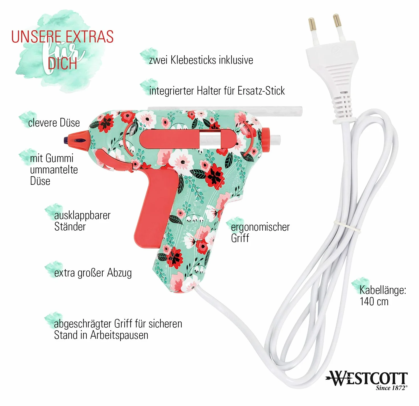 Westcott E-17201 00 Mini pistolet do klejenia z kwiatowym wzorem z 2 turkusowy/czerwony klej