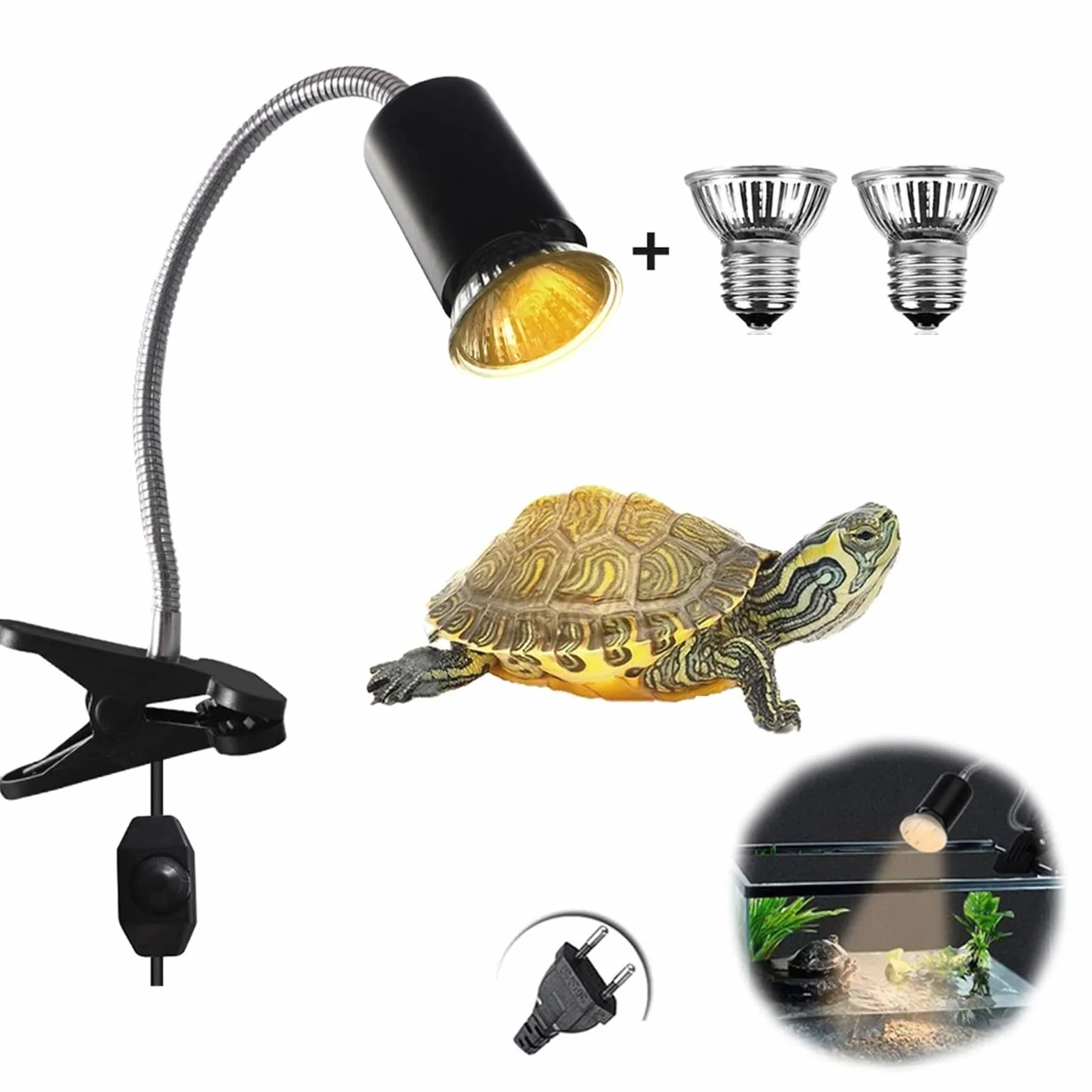 NEWFUN lampa grzewcza dla gadów, lampa dla żółwi z klipsem, lampa grzewcza do terrarium, z 2 żarówkami UVA UVB 50W i obrotowym mocowaniem 360°, do gadów akwariowych, jaszczurek, żółwi, płazów itp