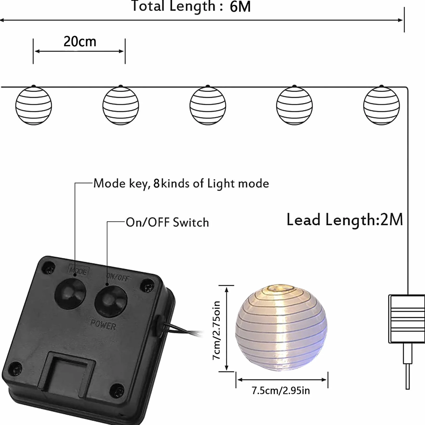 Lezonic Solarny łańcuch świetlny do użytku na zewnątrz z lampionami, 8 m, 30 diod LED latarni, 8 trybów, wodoszczelny, solarny łańcuch świetlny, biały, do dekoracji balkonu, ogrodu, podwórza, wesela
