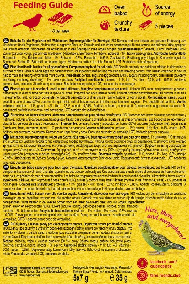 RIO Biszkopty z leśnymi jagodami, dwupak, 2 x 35 g, karma uzupełniająca dla ptaków ozdobnych, składa się z całych jaj i zbóż, dla urozmaicenia w planie posiłków