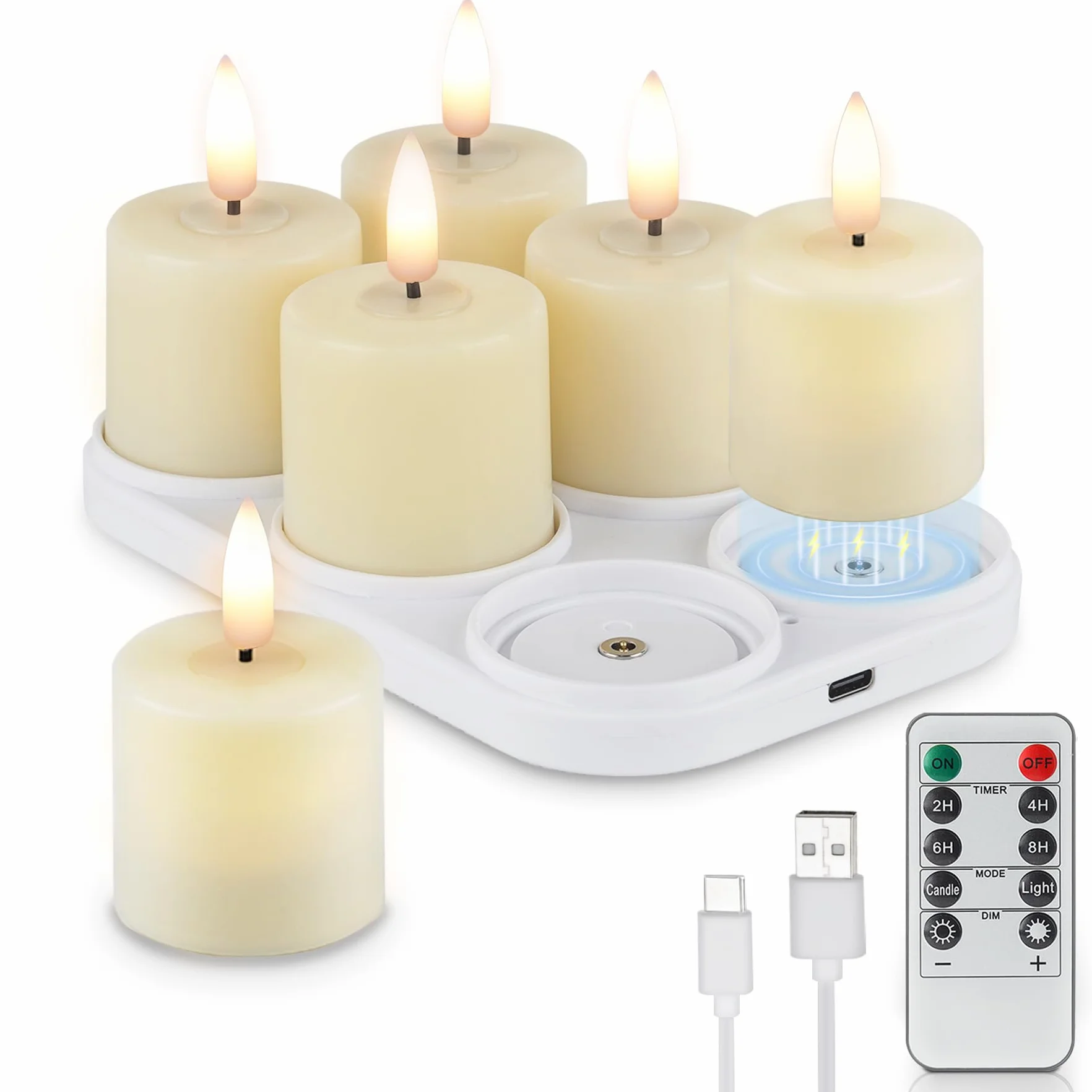 Rhytsing 6 ładowalnych bezpłomieniowych świec wotywnych z timerem, do dekoracji wnętrz, sztuczne świeczki tealight LED na baterie z magnetyczną podstawą ładującą, kablem USB typu C i pilotem w