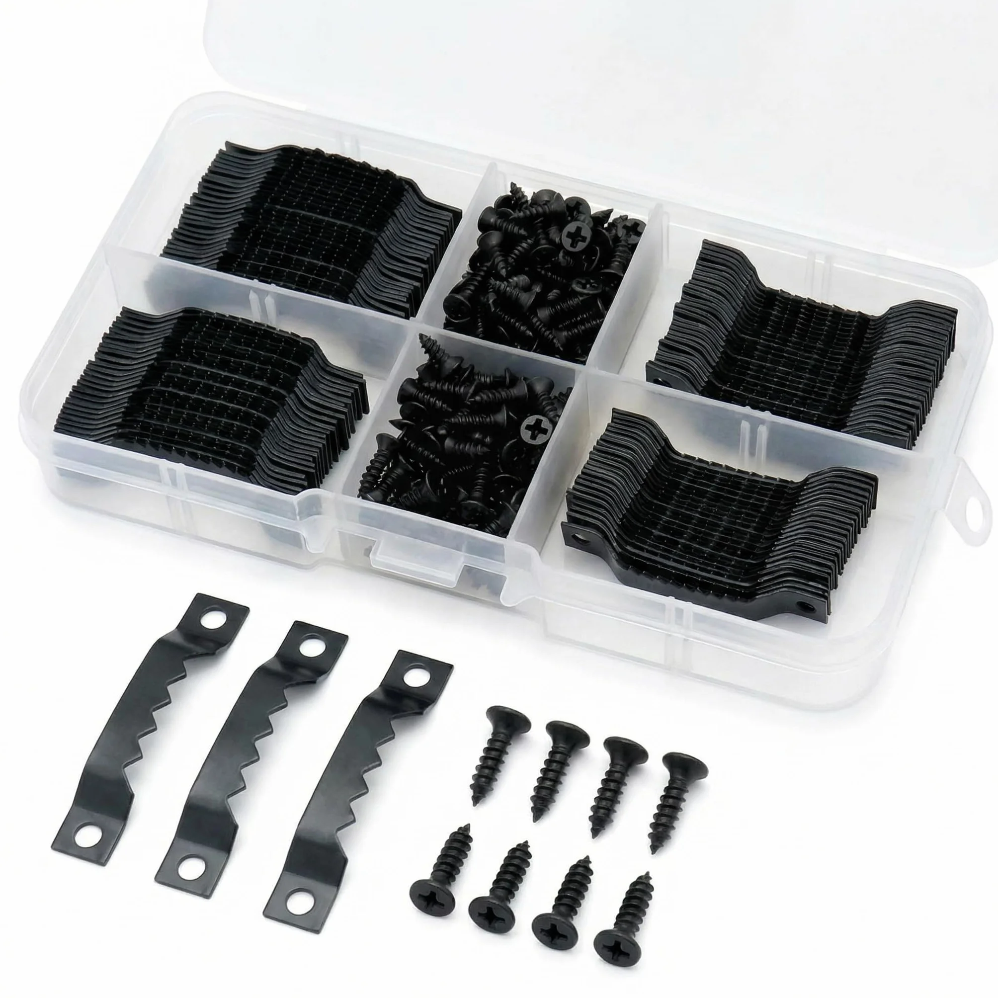 QWORK® 300 szt. Wieszaki na ramki z 200 śrubami, wieszaki na zdjęcia piły, wieszaki na zdjęcia, z pudełkiem, czarne