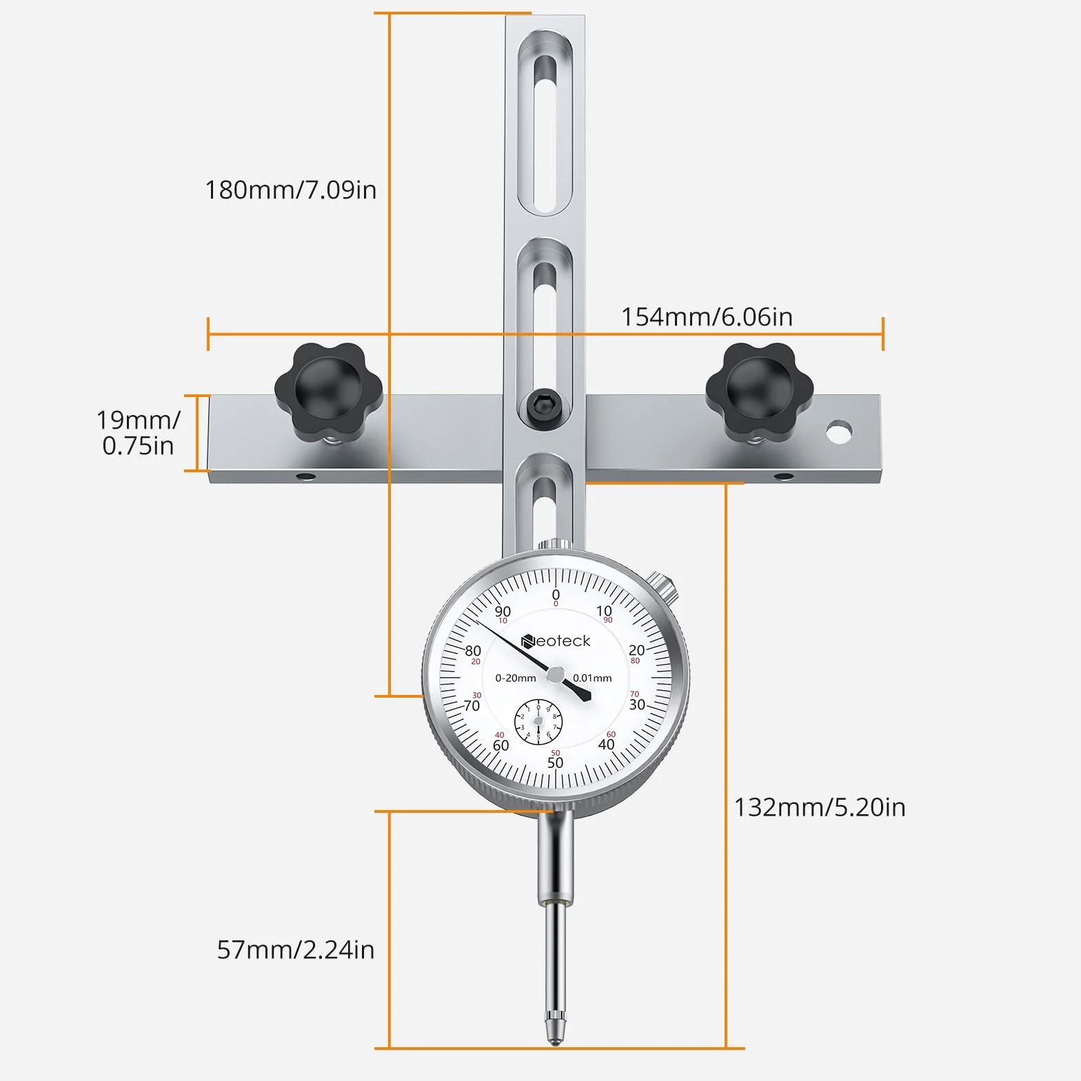 Neoteck 0-20 mm Rozdzielczość 0,01 mm Mechaniczny komparator piły stołowej z anodowanym prętem aluminiowym, mocowanie na trzech suwakach, mechaniczna tarcza wskaźnika do pił stołowych