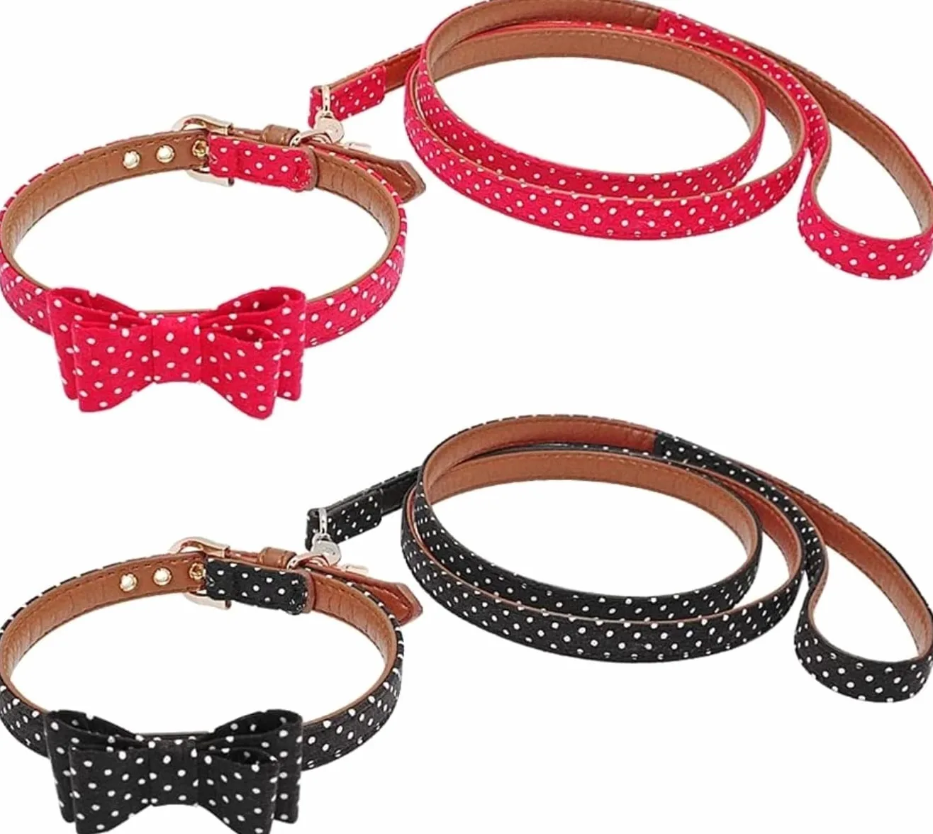 Smycz dla Psa Oddychające Zestaw Obroży I Smyczy Dla Psa Skórzana Obroża Kota Z Kokardką Polka Dot Lead Rope Smycz Miękkie Regulowana(33-51cm)