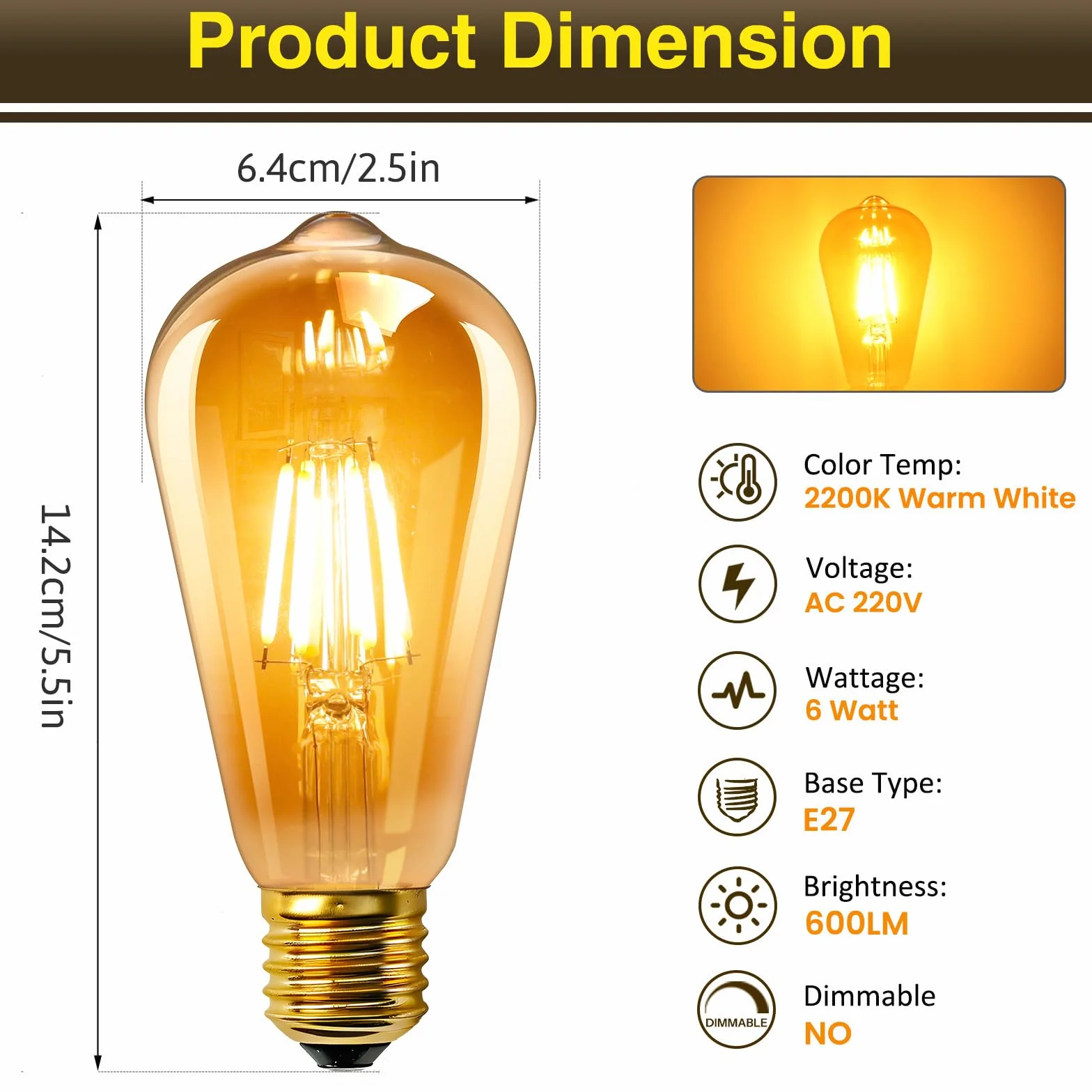 Caldarax Żarówka vintage E27 gwint Edison, LED 6 W, odpowiednik 60 W, żarówka ze szkła bursztynowego retro, ciepła biel 2200 K, 600 lm, bez ściemniania, żarówki ST64 retro z żarnikiem, żarówki