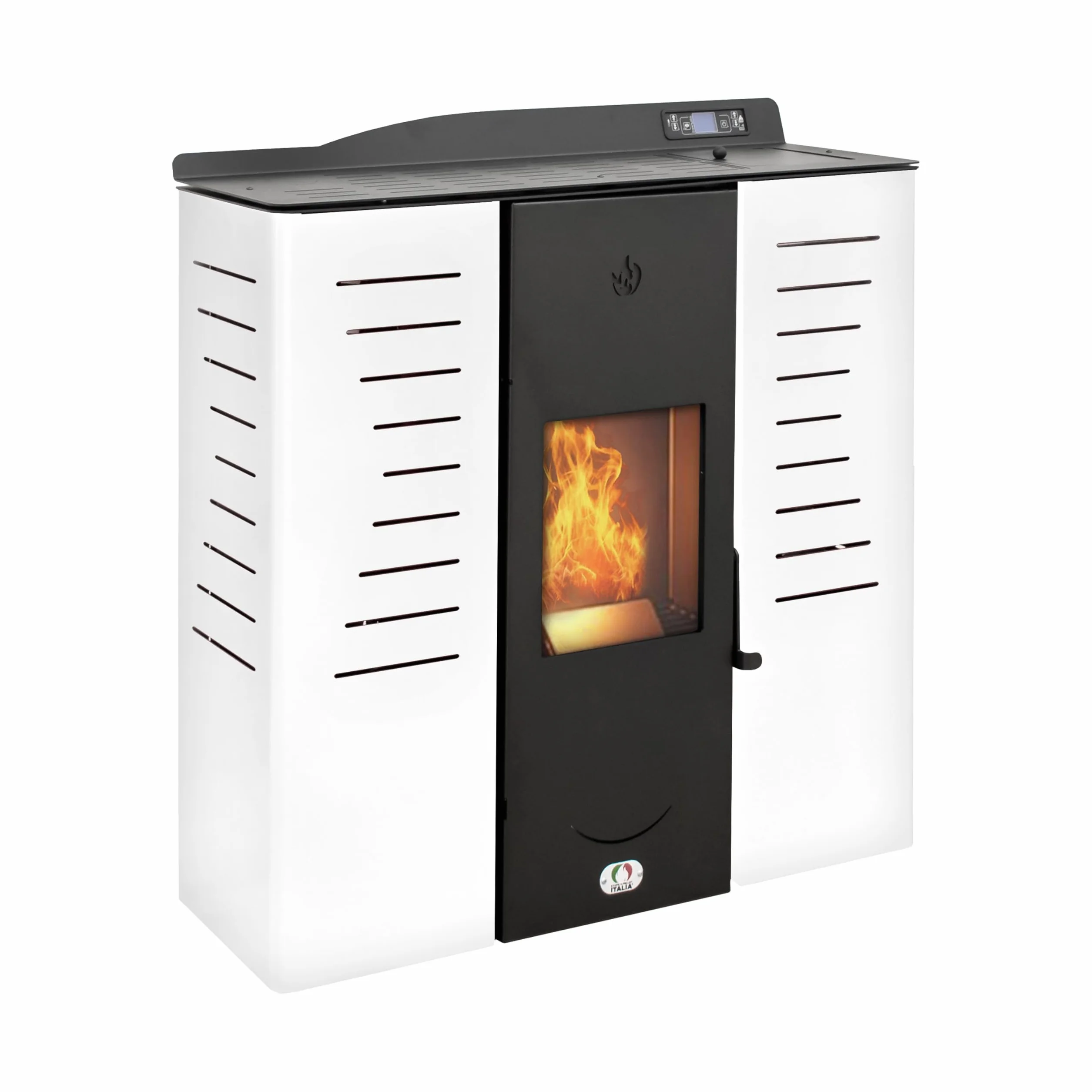 STUFE A PELLET ITALIA Italia 20 KW, 5-gwiazdkowa patelnia na pellet wodorowy, do ogrzewania i ciepłej wody, wydajność ogrzewania 89%, 130 m², czas pracy 16 h, programowalna, 5 mocy, 24 miesiące, biała