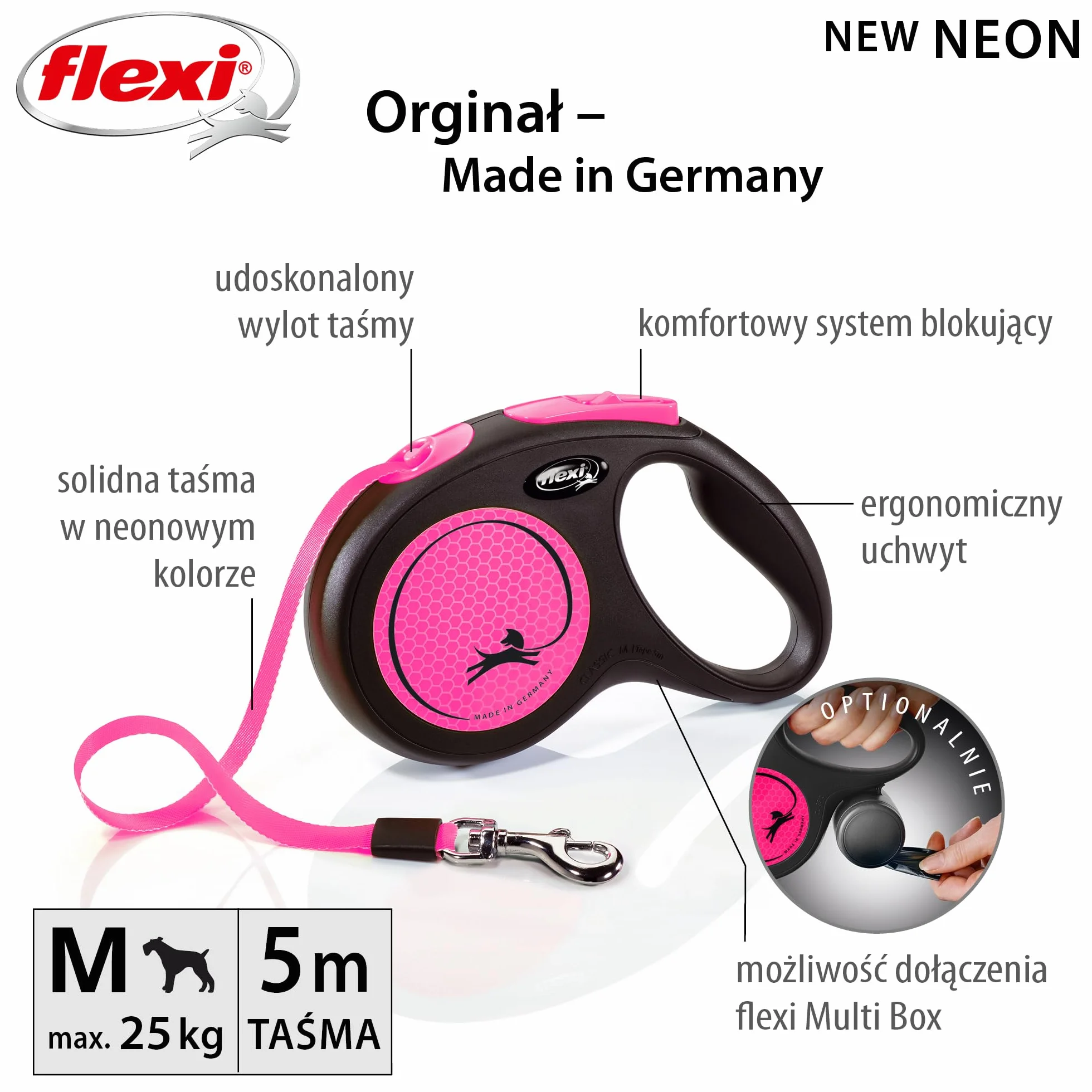 Flexi Nowa neonowa taśma różowa średnia 5 m chowana smycz dla psa/smycz dla psów do 25 kg