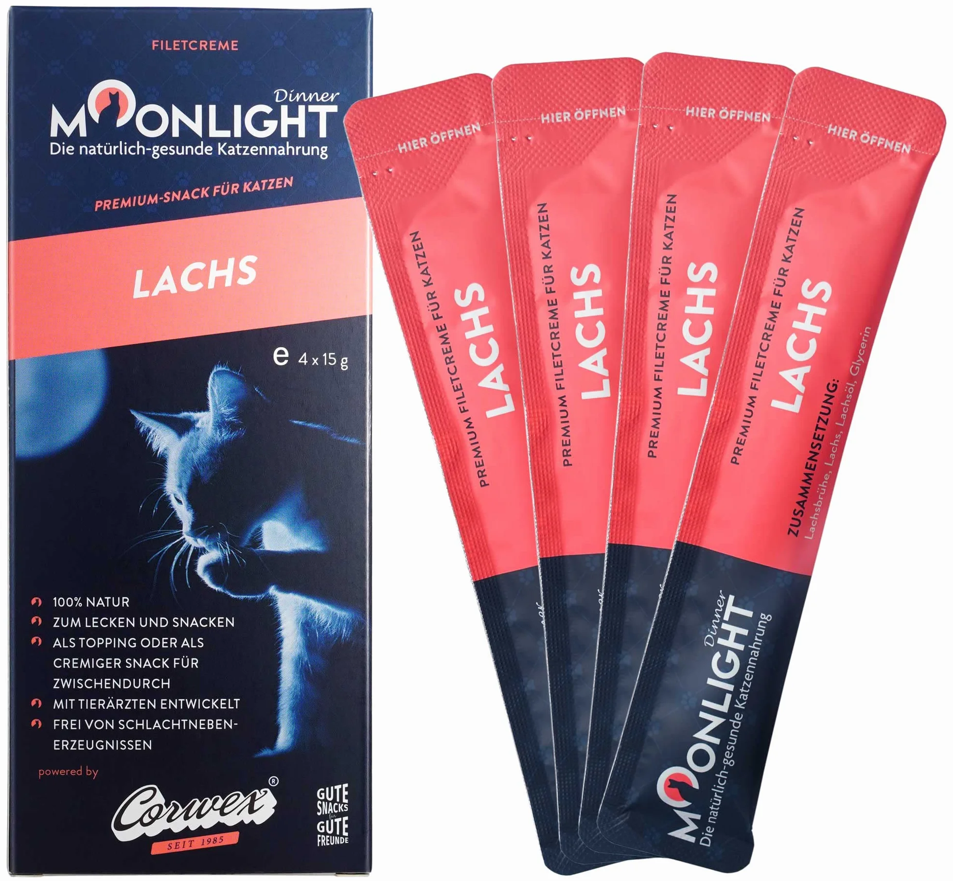 Moonlight Premium przekąski dla kotów, praktyczne pałeczki do wylizywania z ręki, smakołyki dla kotów, krem z filetów (łososiowy (4 x 15 g))