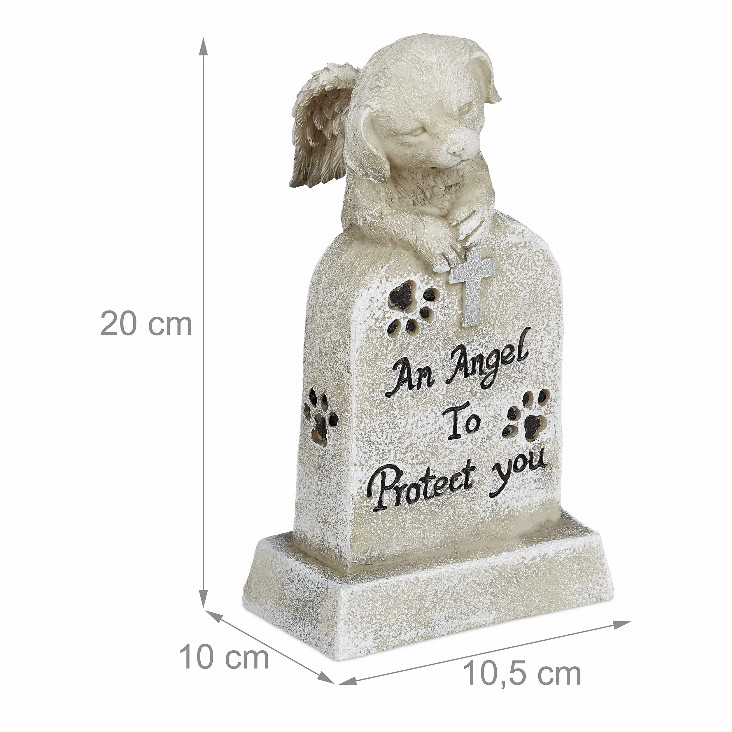 Relaxdays Ozdoba nagrobna dla psa, odporna na warunki atmosferyczne, kamień pamiątkowy ze zwierzęciem, z krzyżem, anioł dla psa, napis: An Angel to Protect You, kremowy