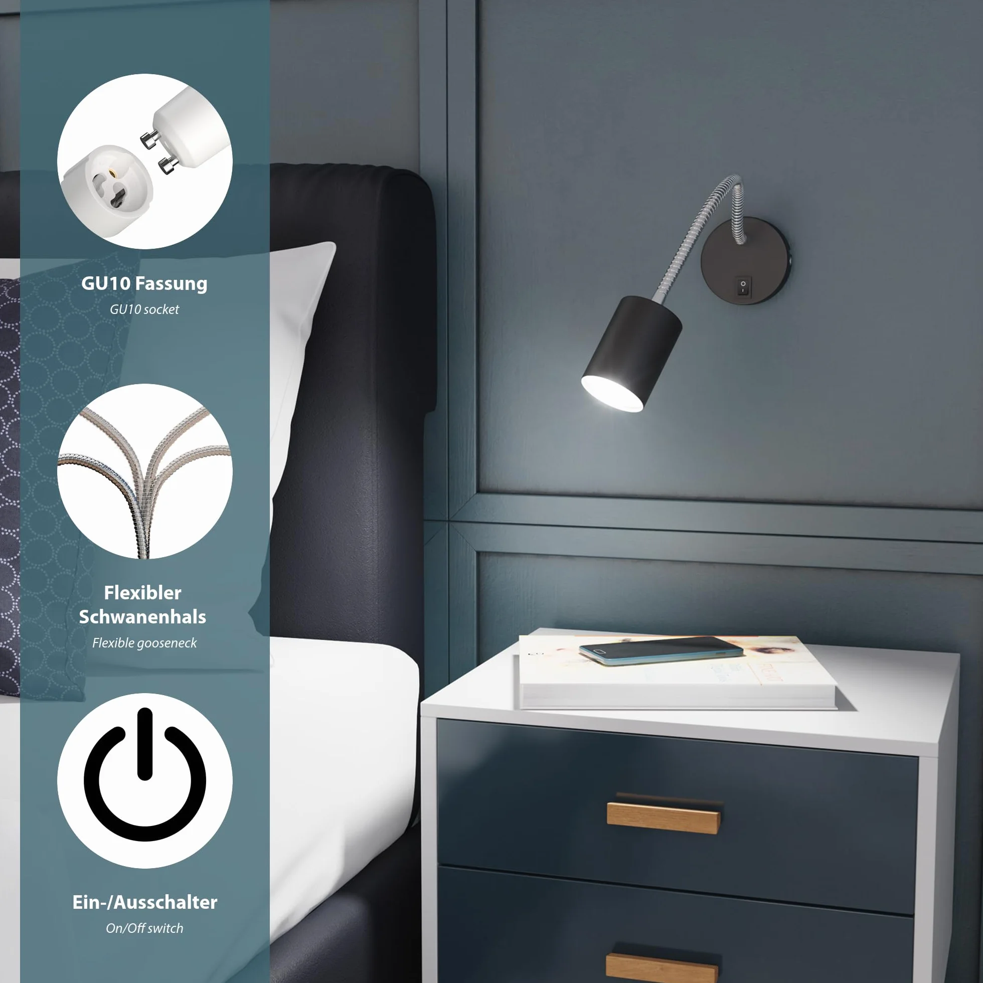 ledscom.de Lampa do czytania/światło ścienne WAIKA, gęsia szyja, przełącznik, czarny mat, 1x GU10 maks. 60W