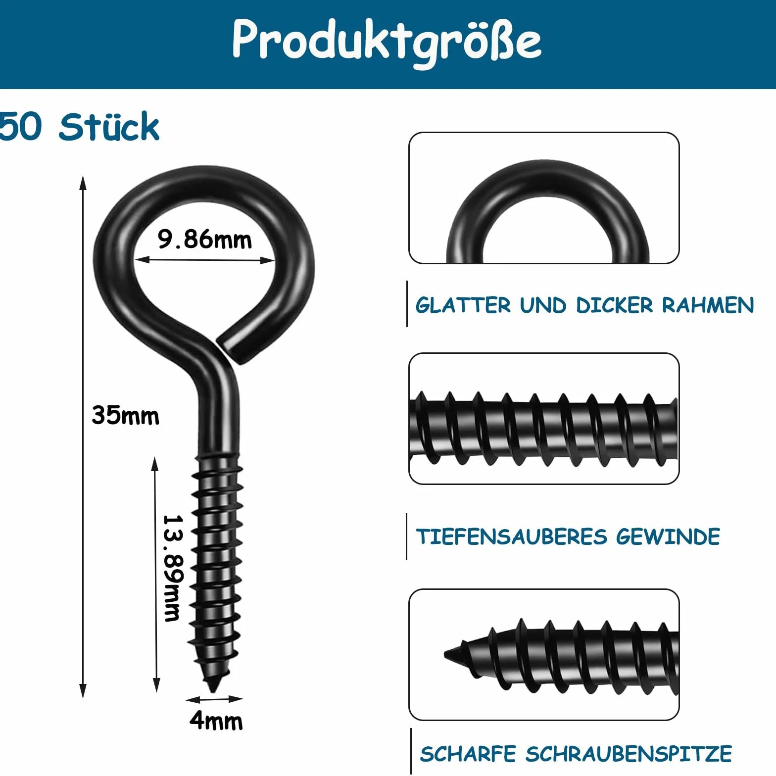 Wkręty oczkowe M8 x 35 mm, stal węglowa, czarne, samogwintujące, 50 sztuk