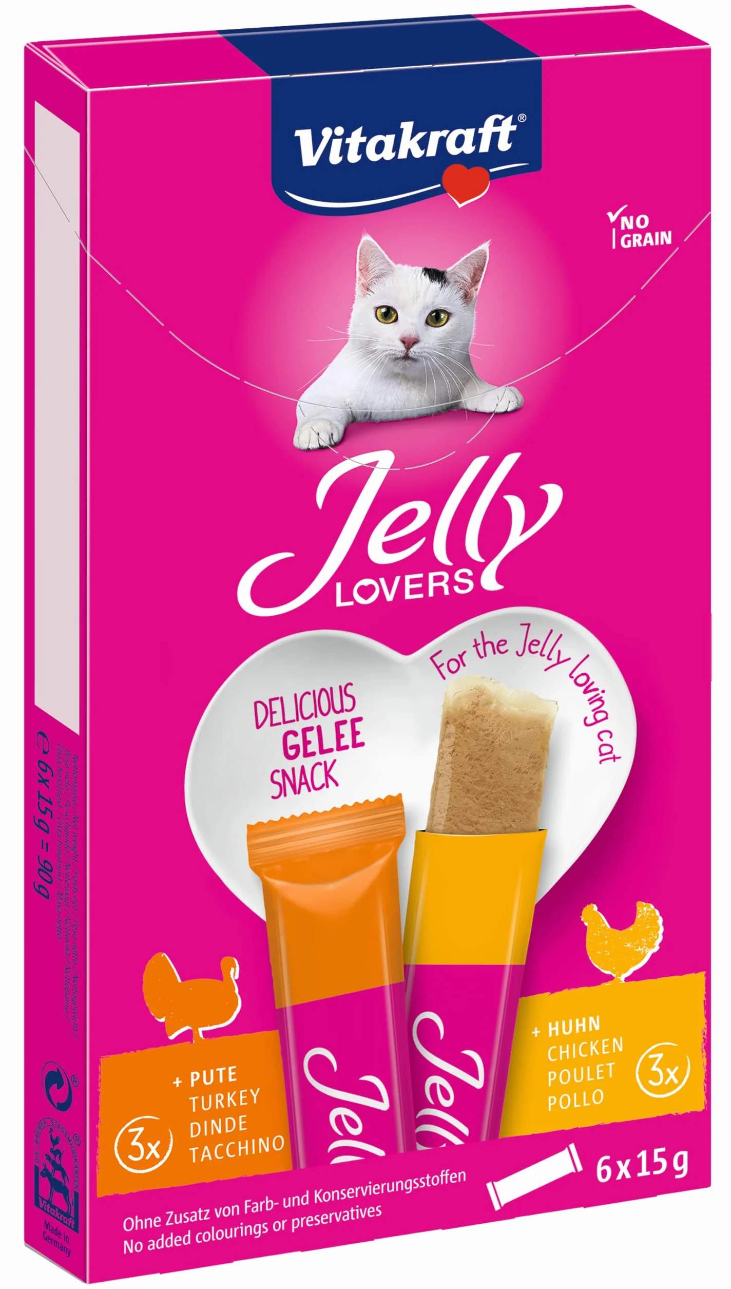 Vitakraft Jelly Lovers, przekąska dla kotów, galaretka do gryzienia, z kurczakiem i indykiem, do rozpieszczania w międzyczasie, bez dodatku cukru i zbóż (1 opakowanie 6 x 15 g)