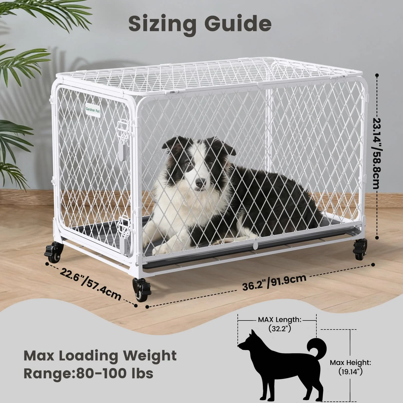 Gardner Pet 92 cm składana siatka dla psów, diamentowa siatka, bez montażu, metalowa buda dla psów z 4 zamykanymi kółkami, wyjmowana taca, przenośna składana klatka dla średnich psów (do 45 kg) do