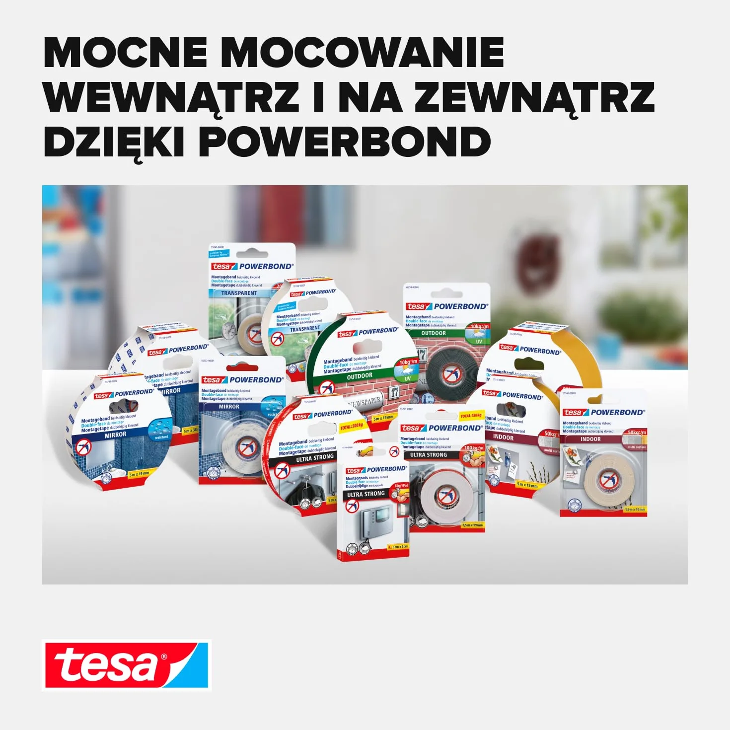 tesa Powerbond taśma montażowa do płytek i metalu, bardzo mocna, do 100 kg siły trzymania na metr – dwustronna taśma klejąca do gładkich powierzchni – 1,5 m x 19 mm