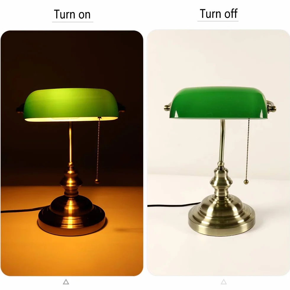 Zielona szklana lampa biurkowa Bankers, antyczne lampy biurkowe z mosiężną podstawą, lampka biurkowa w stylu vintage do biura, gabinetu (żarówka w zestawie)