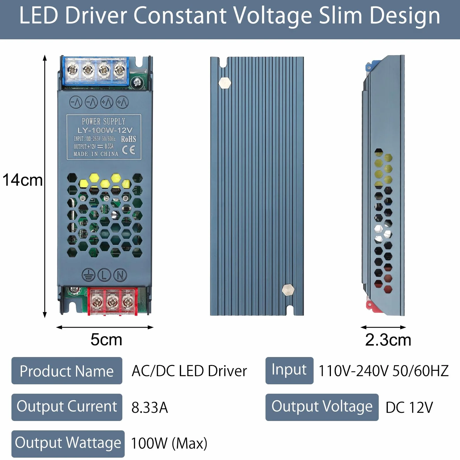 Transformator LED 12 V 100 W, zasilacz sieciowy 230 V na 12 V, zasilacz impulsowy LED transformator 8,3 A AC 230 V na DC 12 V, kompaktowe napięcie stałe, cienki transformator niskiego napięcia do lamp