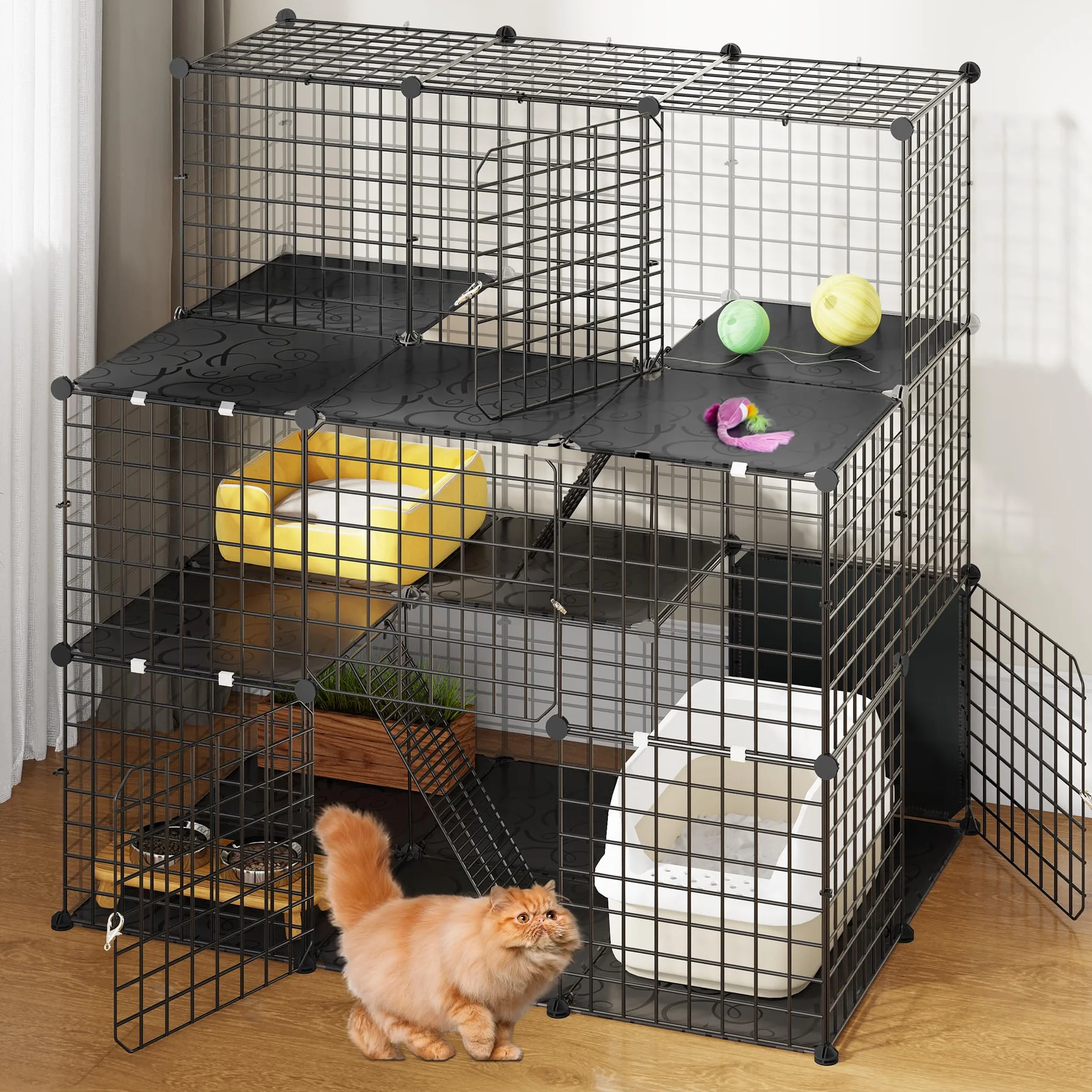 YITAHOME Duża klatka dla kota, wewnętrzna obudowa dla kota z balkonem, odpinana, 3-poziomowa, metalowa buda, kojec dla 1-3 kotów, 106 x 71 x 106 cm