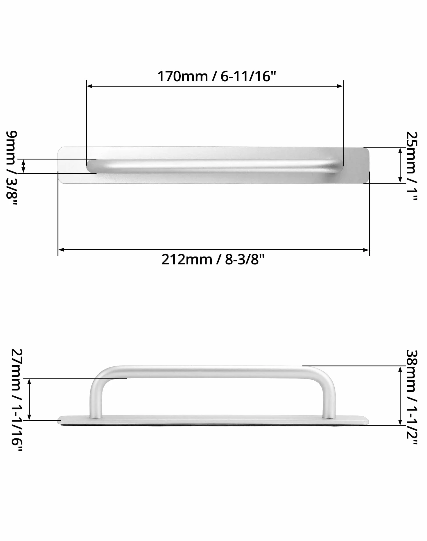 QWORK® 2 Pack Samoprzylepne klamki do drzwi Uchwyty meblowe, aluminiowe uchwyty do szafy Łazienka Szafki kuchenne Sypialnia 210 x 25 mm Srebrny