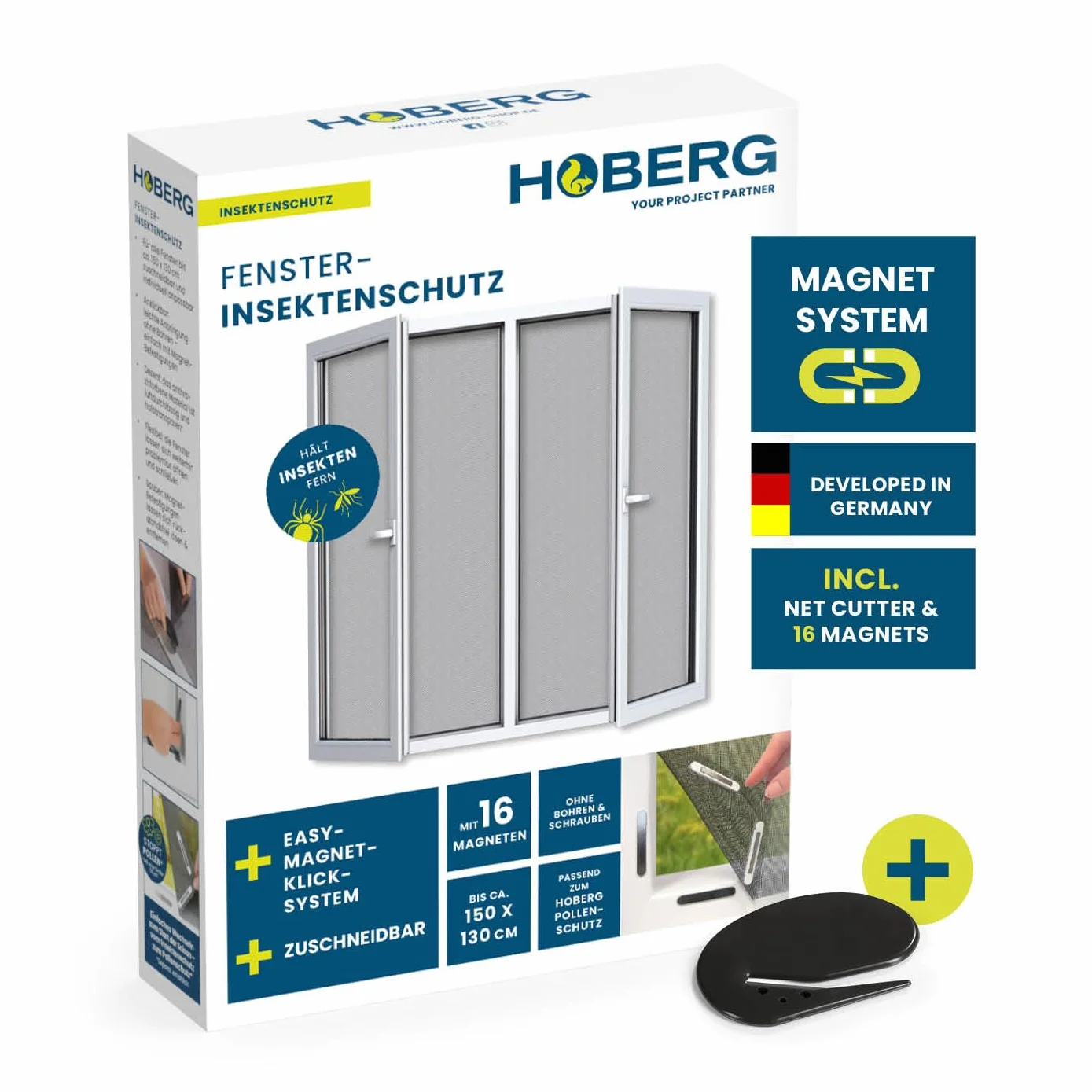 Hoberg Moskitiera okienna z innowacyjnym mocowaniem magnetycznym | moskitiera może być przycinana na wymiar do 150 x 130 cm, bez wiercenia i przykręcania | mocowanie za pomocą 16 magnesów [czarny]