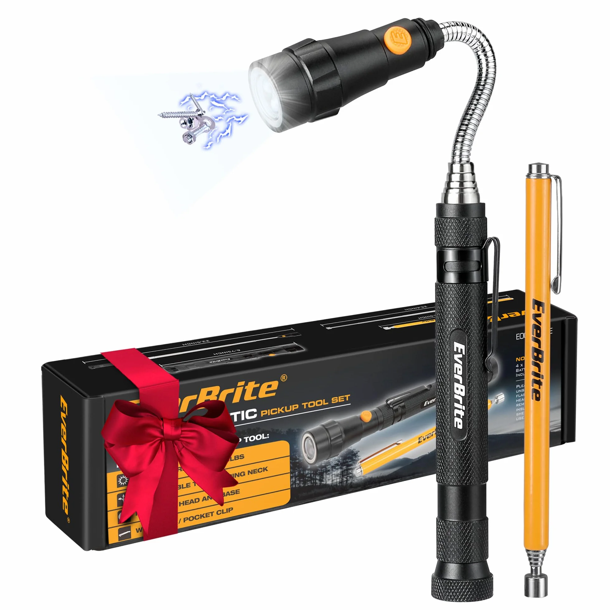 EverBrite Prezenty dla mężczyzn, latarka LED, 2 sztuki, małe prezenty dla mężczyzn, ojca, uchwyt magnetyczny, elastyczny chwytak pazurów z mocnym prętem magnetycznym