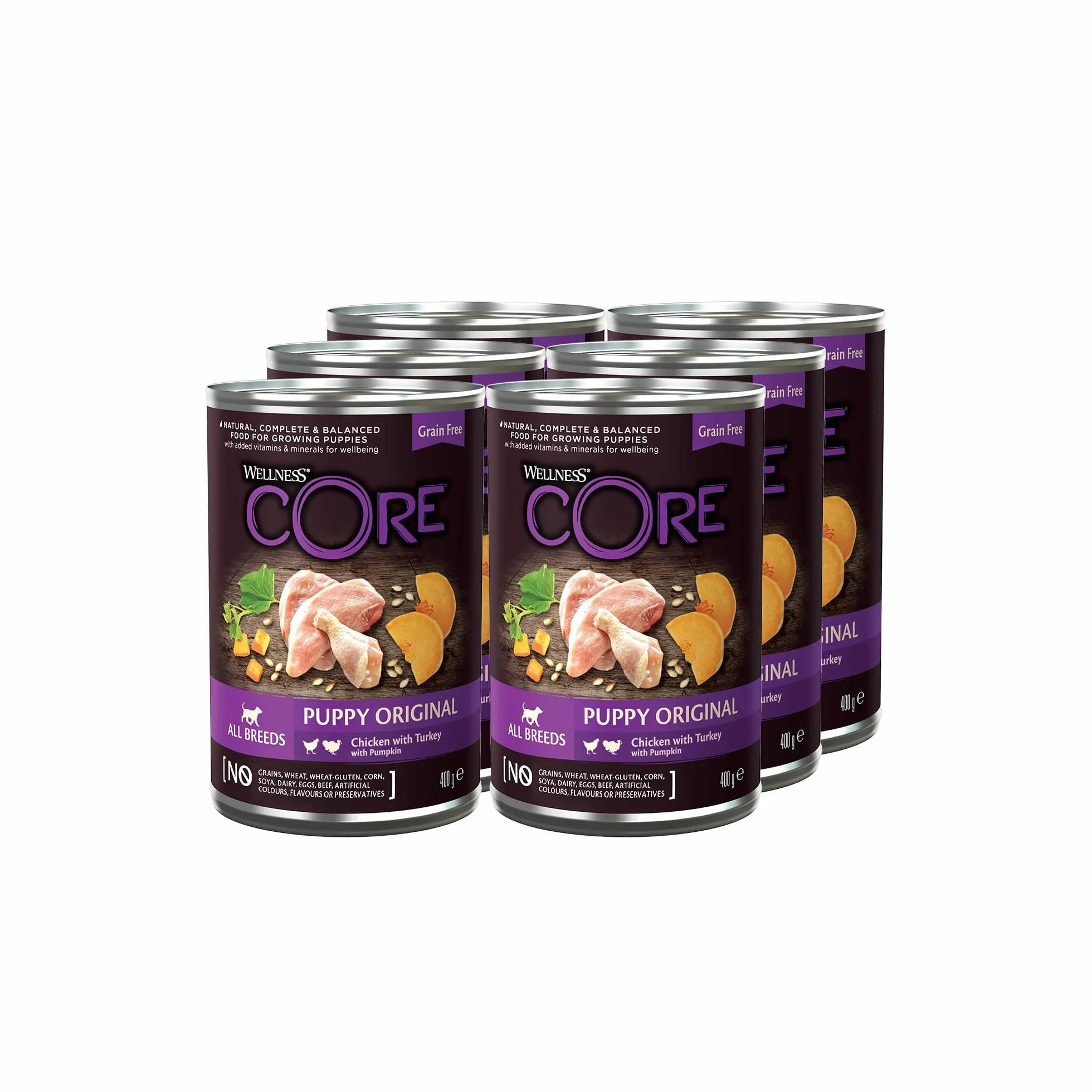 Wellness CORE 95% 6 x 400g, Kurczak i Indyk – Mokra Karma, Pasztet typu Chunky dla Szczeniąt, Bezzbożowa, Naturalna, Hipoalergiczna, Bogata w Białko, o Wysokiej Zawartości Mięsa