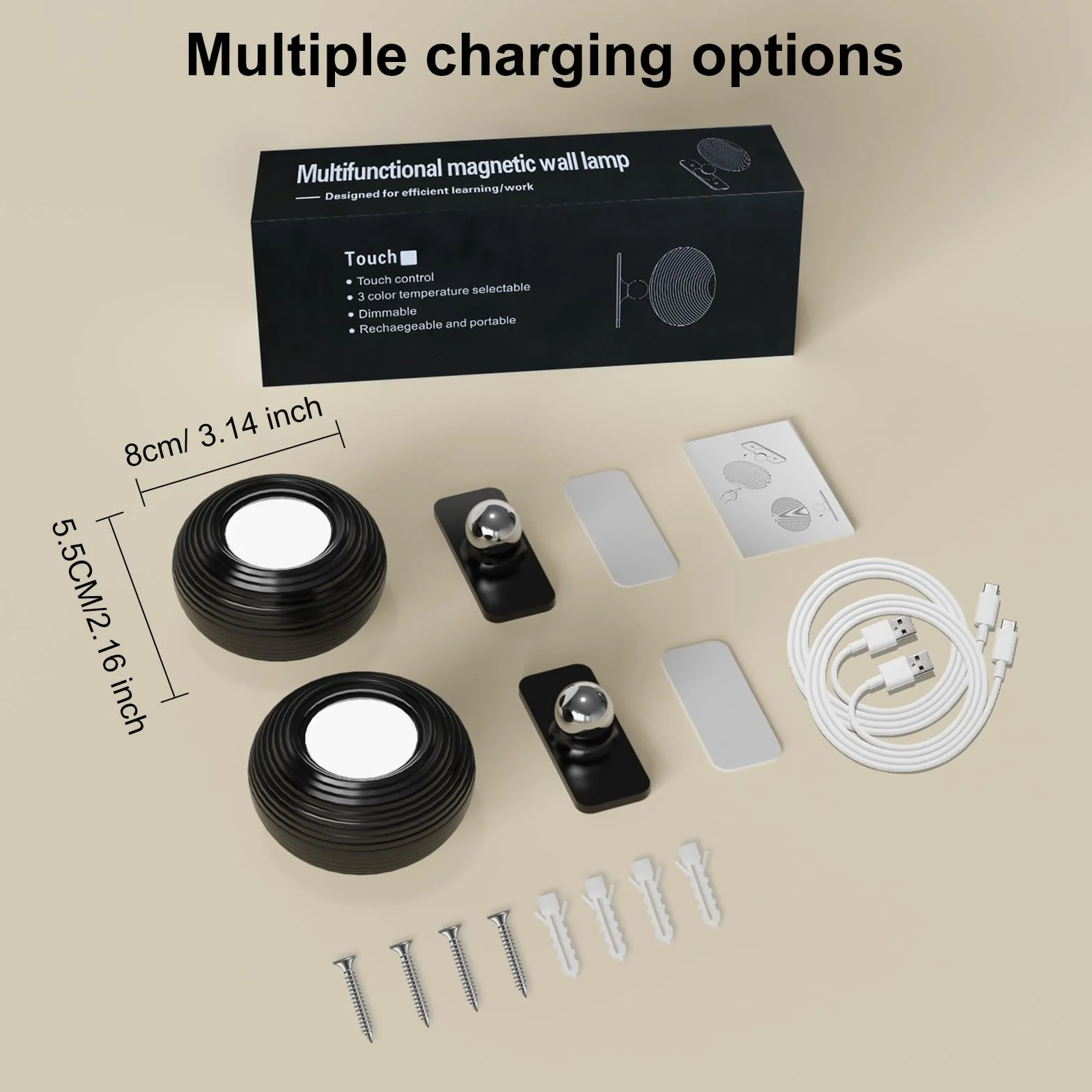 Kinkiety LED do oświetlania wnętrz, z akumulat. o poj. 2000 mAh, 2 szt. w op., sterowanie dotykowe, 3 poz. jasności, obracane o kąt 360°, nadają się do salonu, sypialni, na schody, korytarz