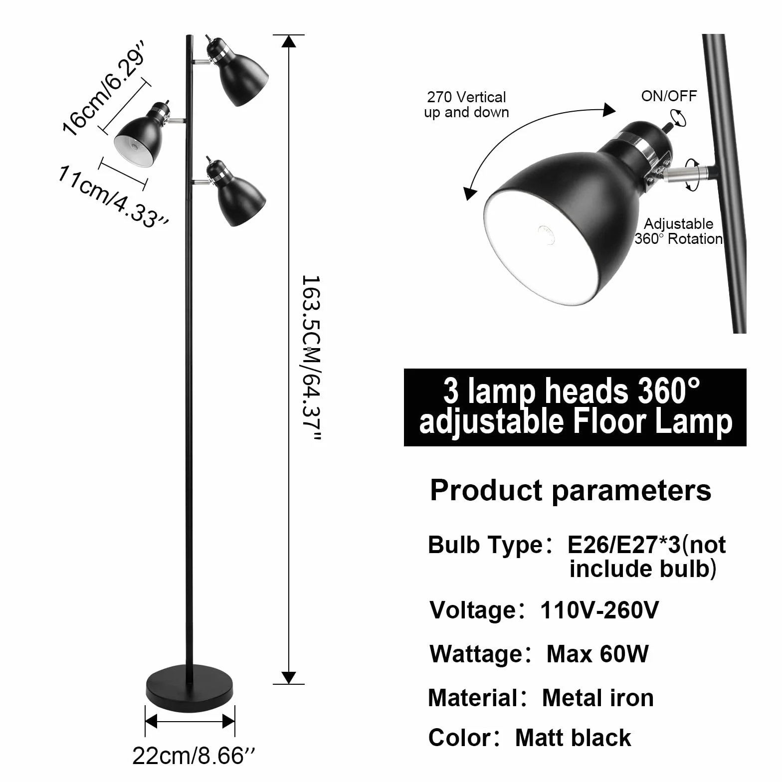 FIRVRE Lampa stojąca w kształcie drzewa z 3 regulowanymi obrotowymi metalowymi głowicami, czarna rustykalna lampa przemysłowa, lampa stojąca do salonu, sypialni, biura, podstawa E27