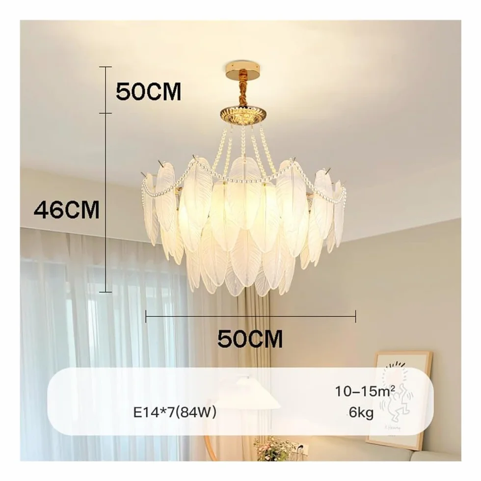 Lampa wisząca, okrągły klosz z perłowym koralikiem - lampa wisząca Fandelier - białe szkło liściaste antyczne żyrandole 3-poziomowa lampa wisząca w stylu Mid Century Modern pasująca do salonu, sypialn